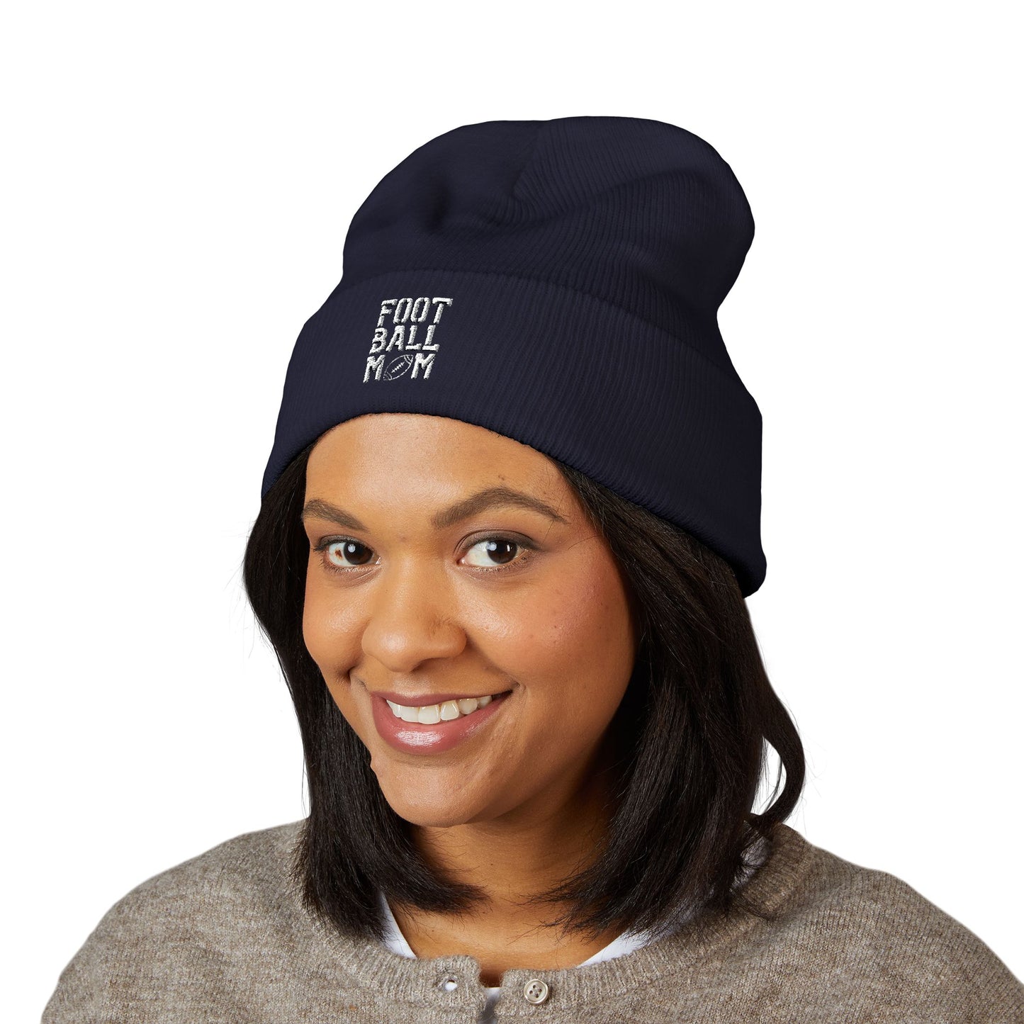 Football Mom Embroidered Cuffed Beanie – Cozy Sideline Knit Hat (White Text)