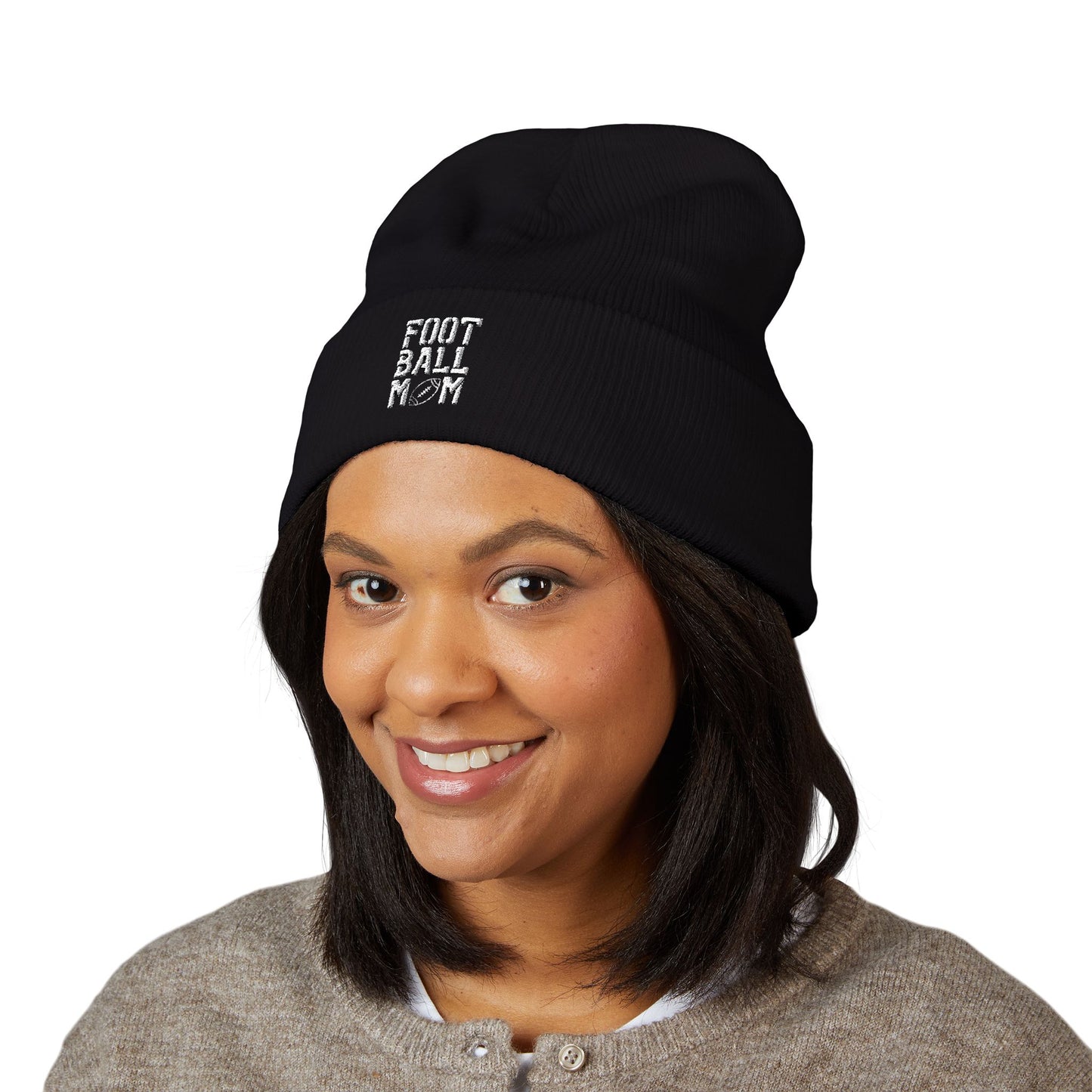 Football Mom Embroidered Cuffed Beanie – Cozy Sideline Knit Hat (White Text)