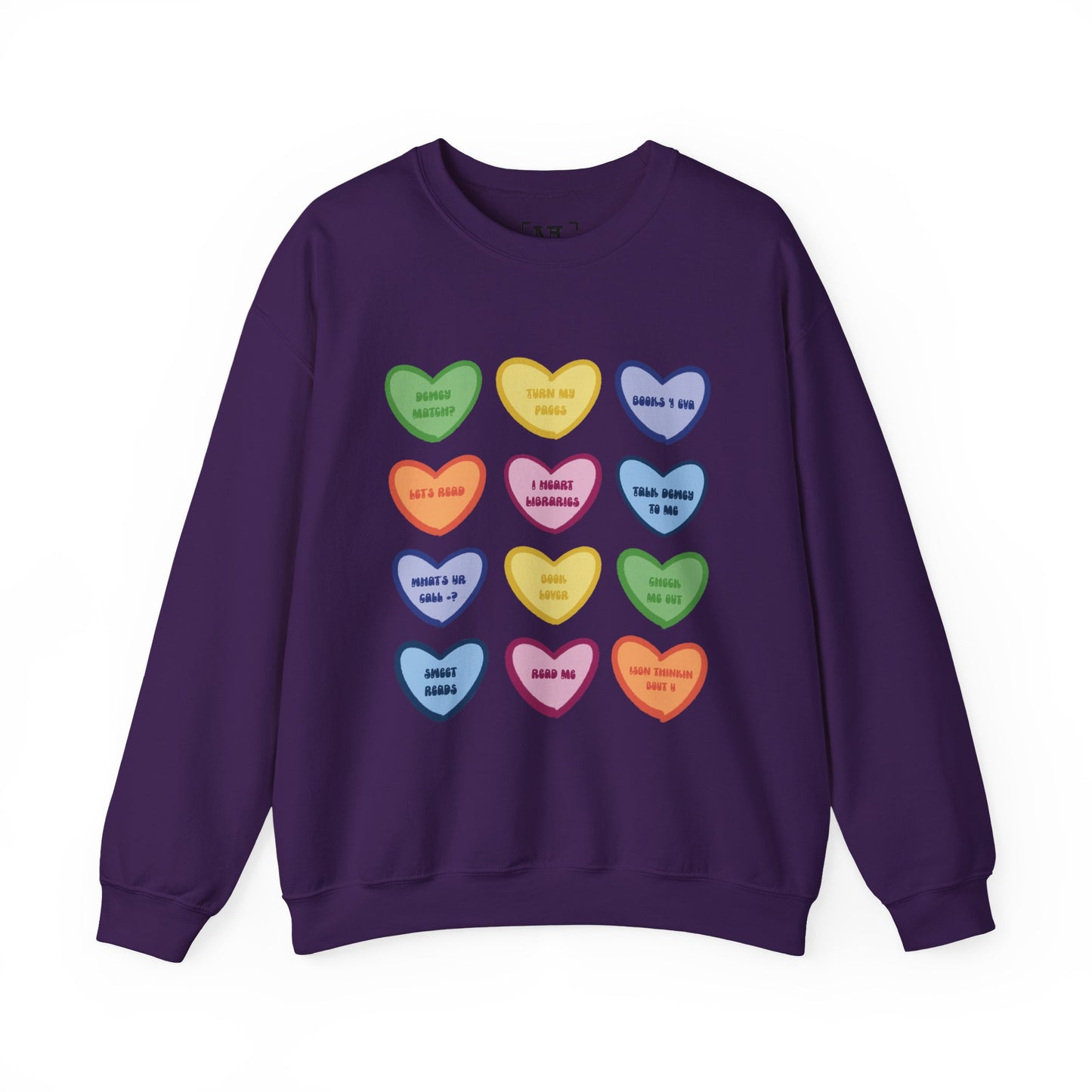 Library Themed Conversation Heart Sweatshirt — Colorful Valentine Candy Heart Graphic Crewneck