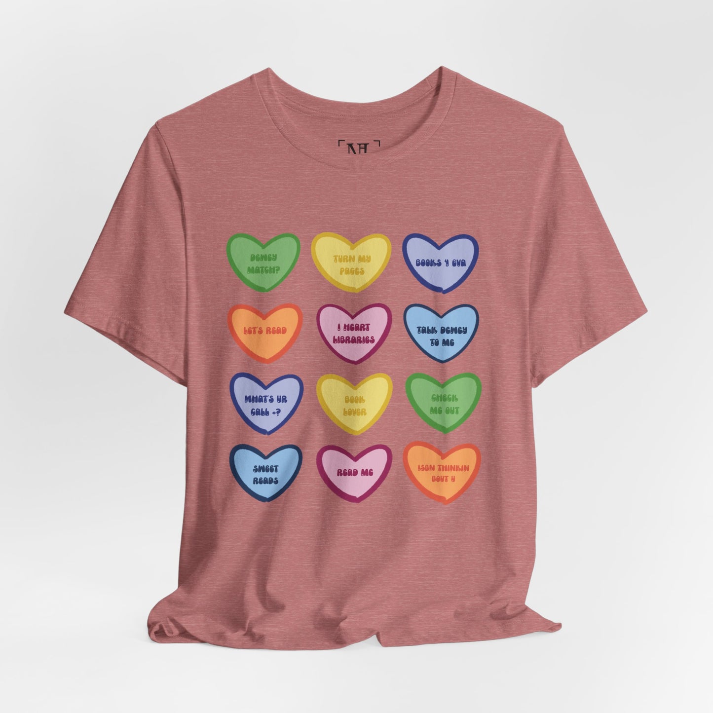 Library Conversation Heart Graphic Tee — Cute Pastel Candy Hearts with Messages