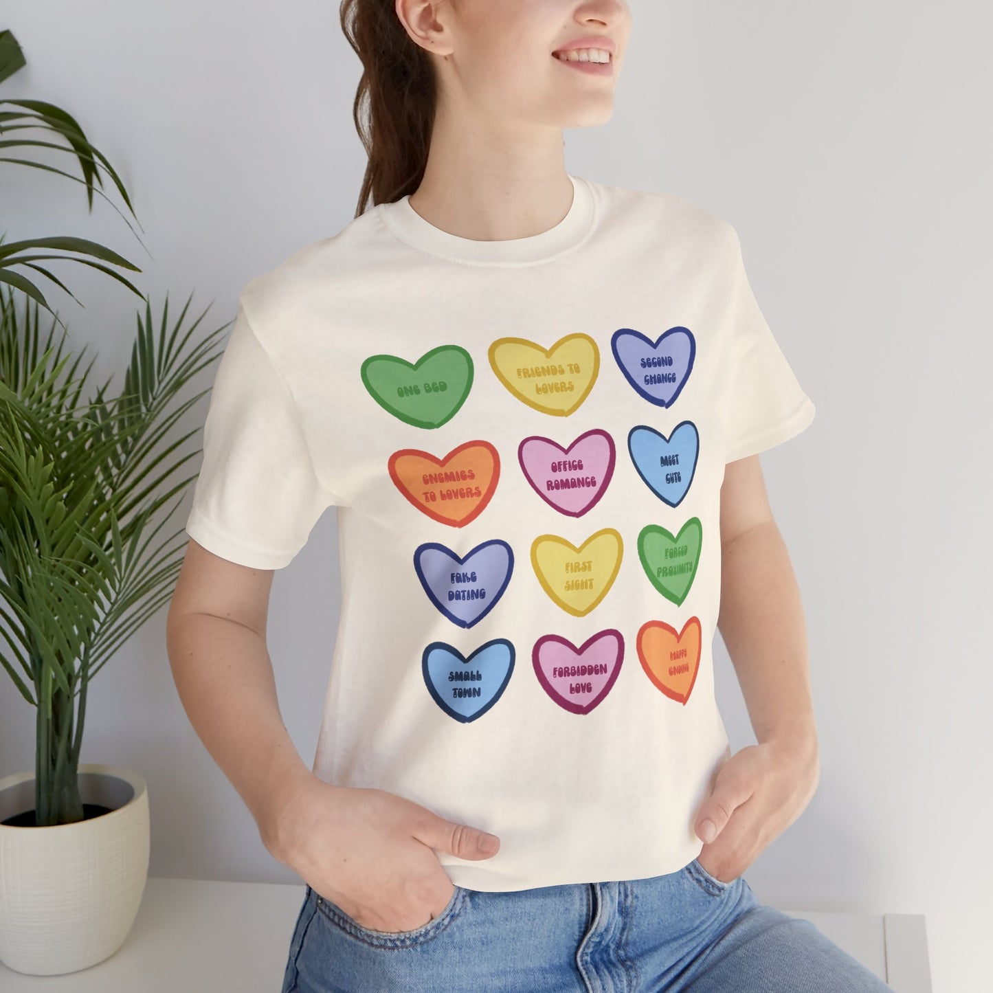 Romance Book Tropes Conversation Heart Graphic Tee — Cute Pastel Candy Hearts with Messages