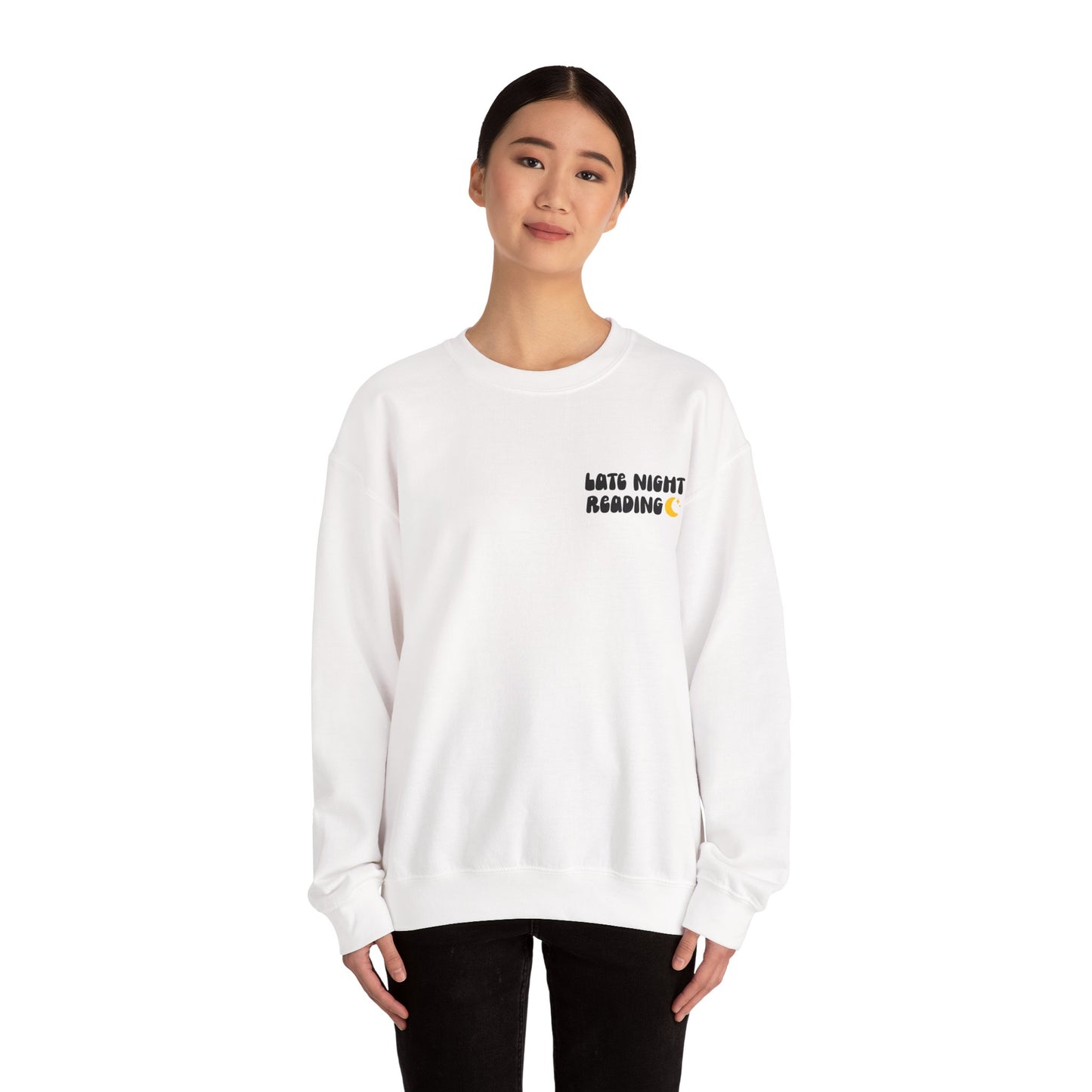 "Late Night Reading " — Cozy Book Lover Crewneck (Black Text)