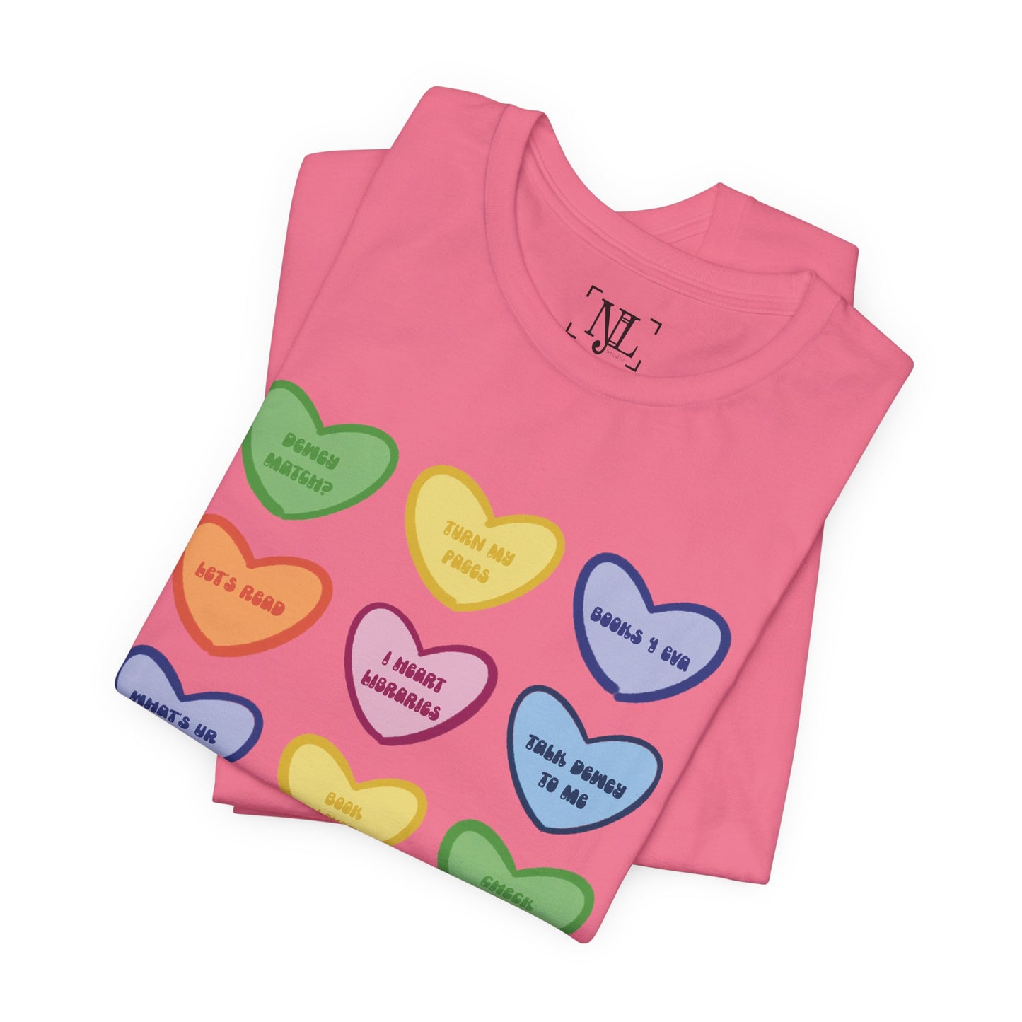Library Conversation Heart Graphic Tee — Cute Pastel Candy Hearts with Messages