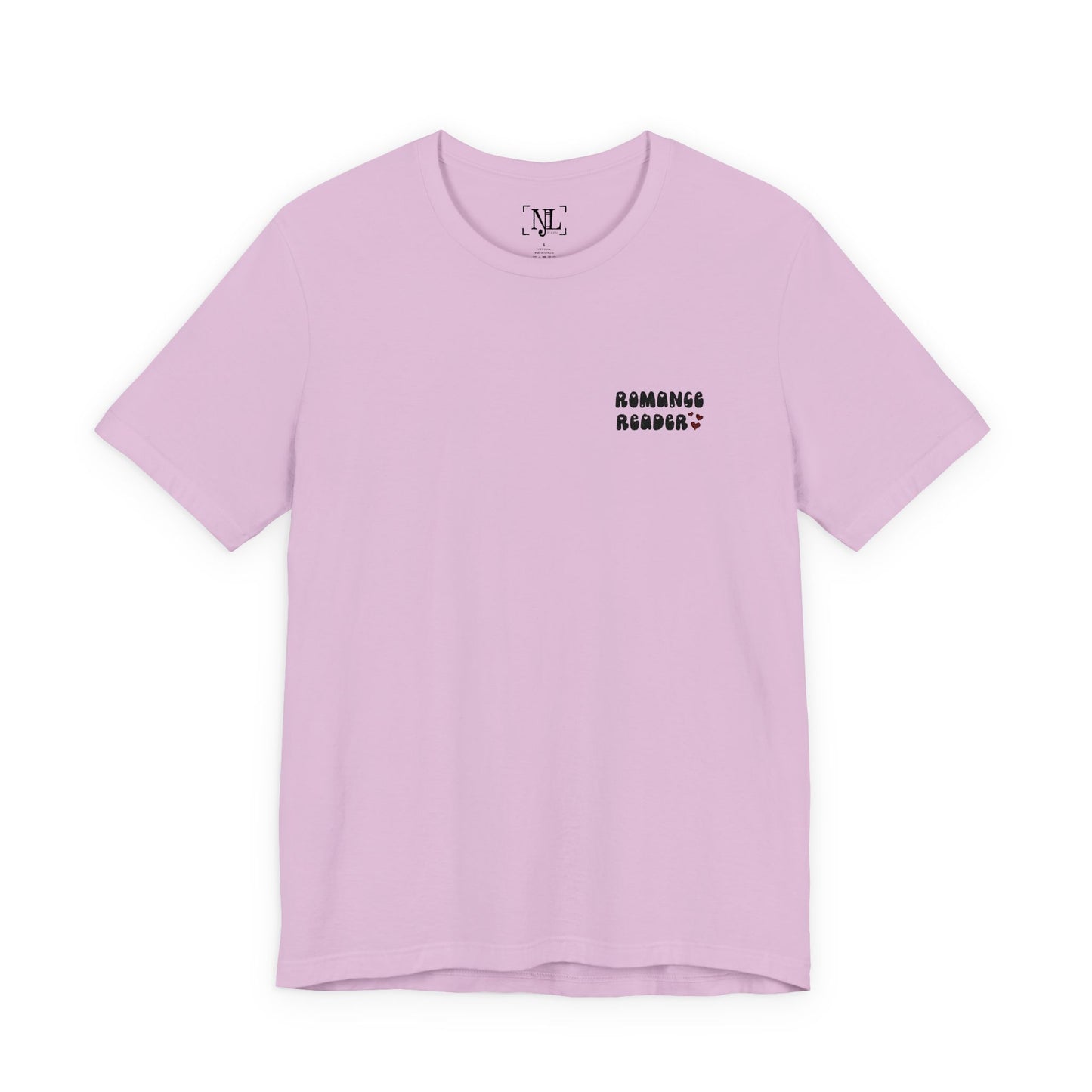 "Romance Reader" - Embroidered Literary Tee (Black Text with Maroon Hearts)