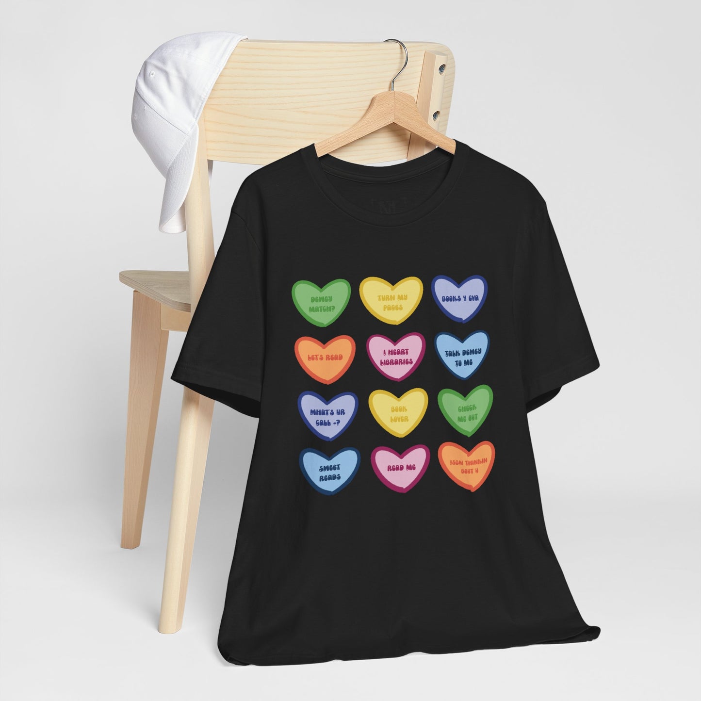 Library Conversation Heart Graphic Tee — Cute Pastel Candy Hearts with Messages