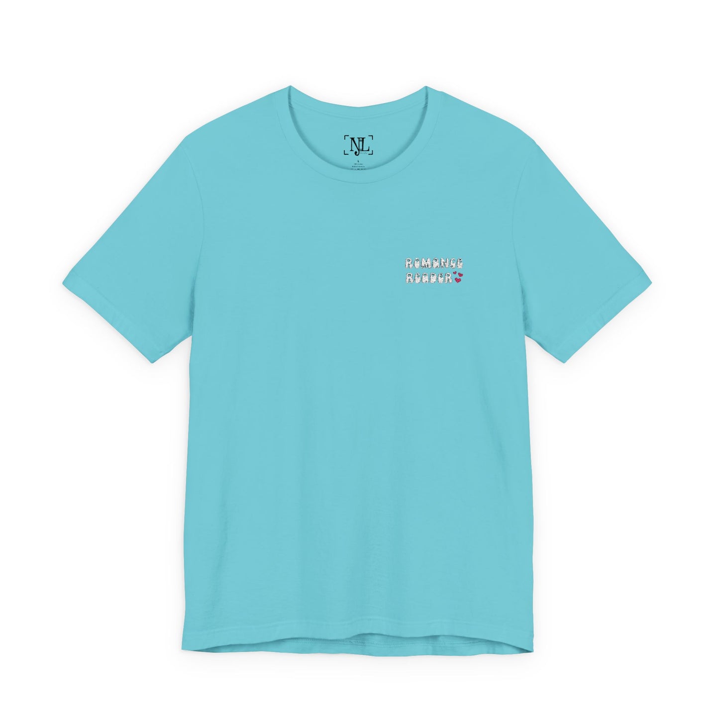 "Romance Reader" - Embroidered Literary Tee (White Text with Pink Hearts)