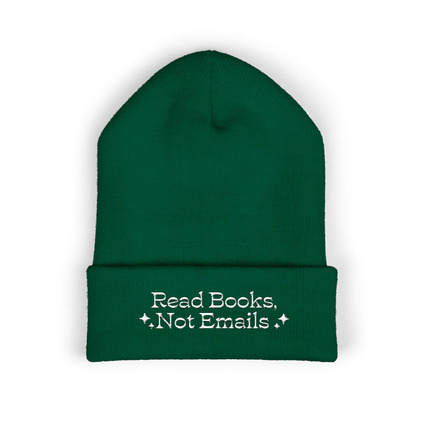 "Read Books Not Emails" - Embroidered Literary Cuffed Beanie (White Text)