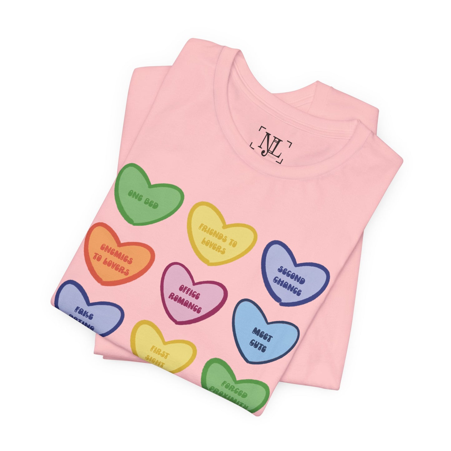 Romance Book Tropes Conversation Heart Graphic Tee — Cute Pastel Candy Hearts with Messages
