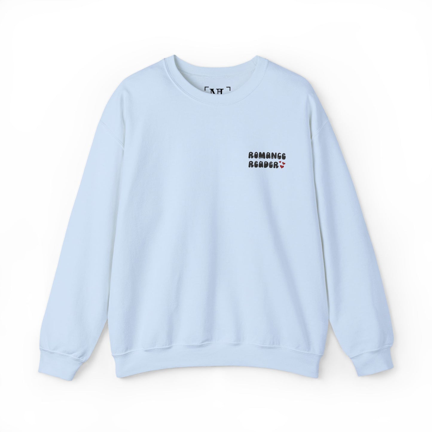 "Romance Reader" - Embroidered Literary Crewneck Sweatshirt (Black Text with Maroon Hearts)