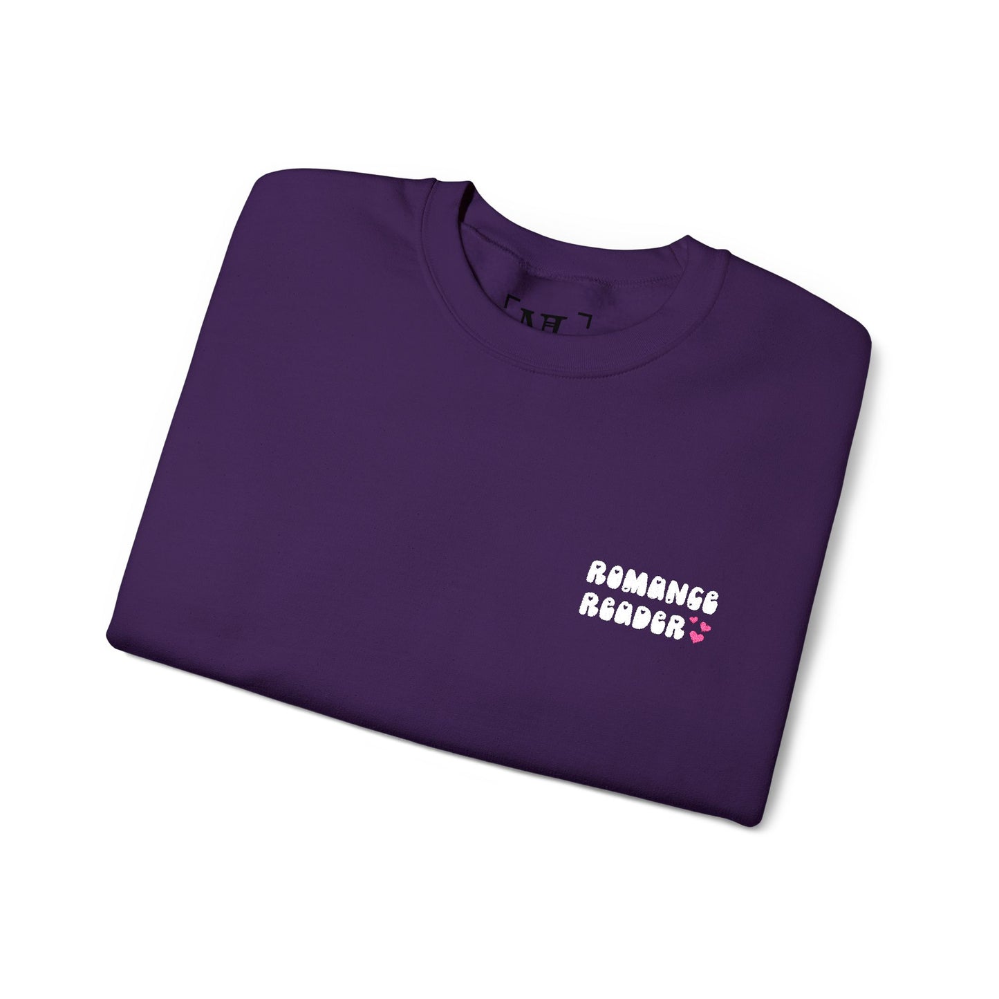 "Romance Reader" - Embroidered Literary Crewneck Sweatshirt (White Text with Pink Hearts)