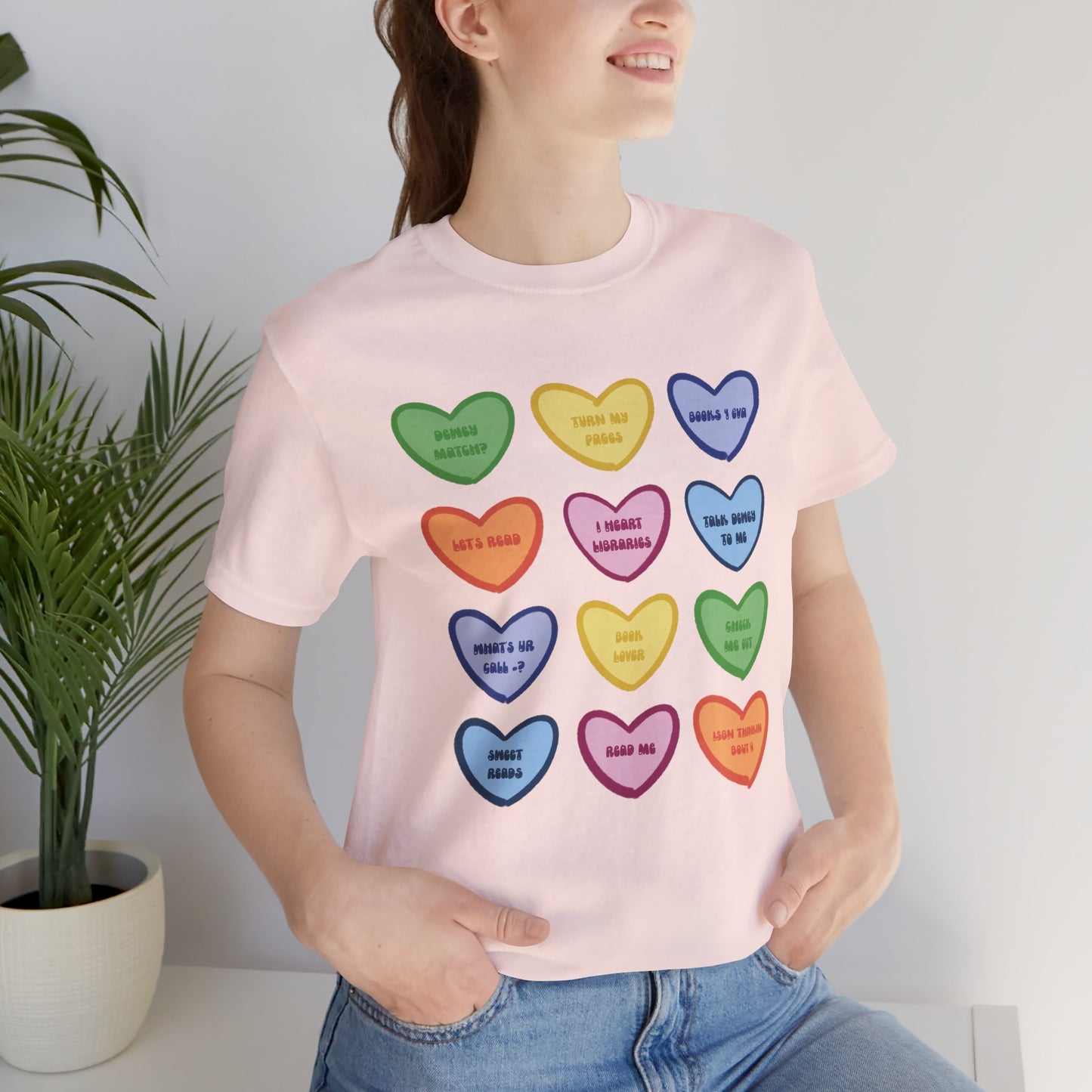 Library Conversation Heart Graphic Tee — Cute Pastel Candy Hearts with Messages