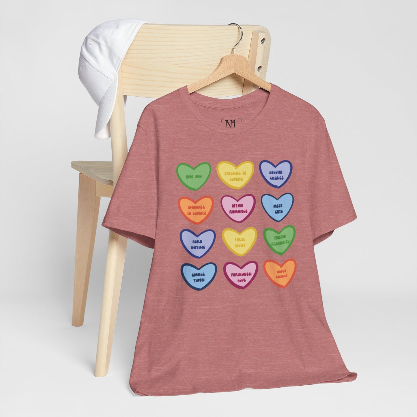 Romance Book Tropes Conversation Heart Graphic Tee — Cute Pastel Candy Hearts with Messages