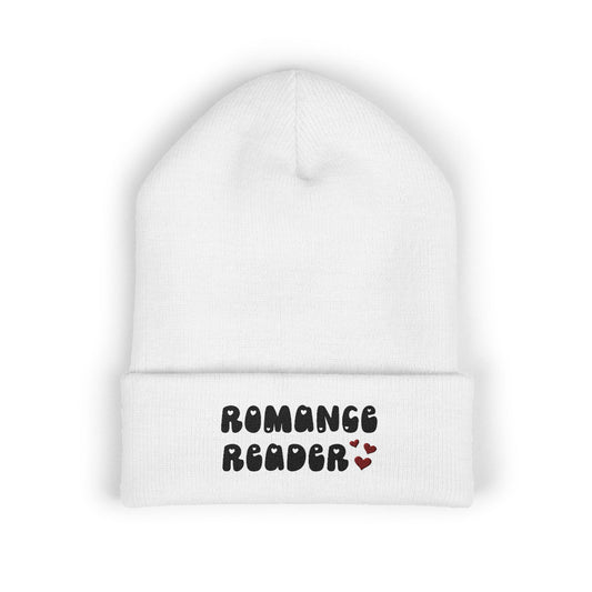 "Romance Reader" - Embroidered Literary Cuffed Beanie (Black Text with Maroon Hearts)