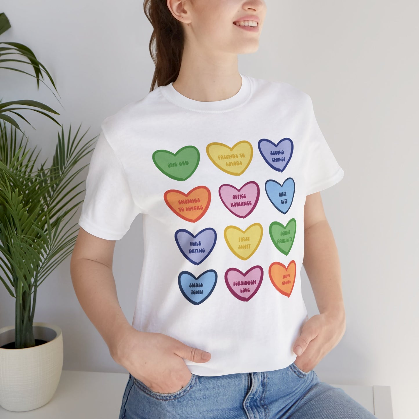 Romance Book Tropes Conversation Heart Graphic Tee — Cute Pastel Candy Hearts with Messages