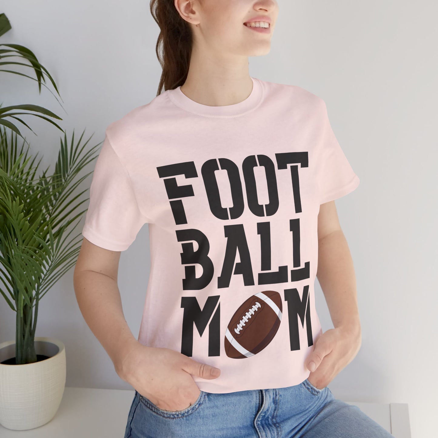 Football Mom T-Shirt – Bold Stacked Text with Football Graphic