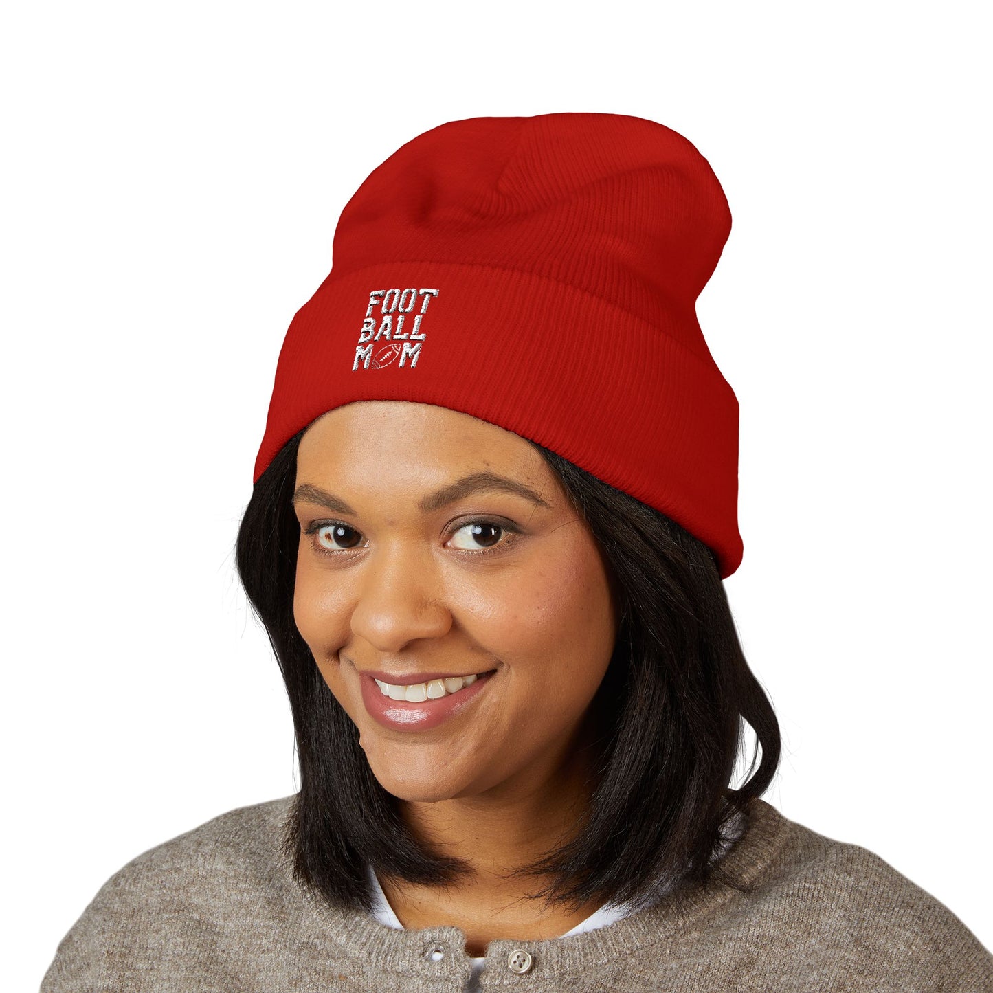 Football Mom Embroidered Cuffed Beanie – Cozy Sideline Knit Hat (White Text)