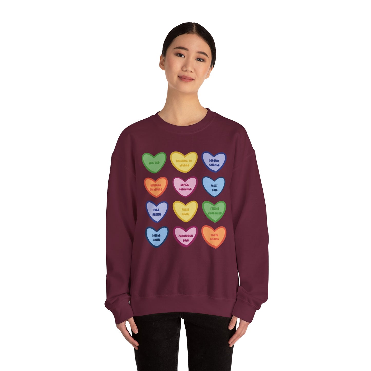 Romance Book Tropes Conversation Heart Sweatshirt — Colorful Valentine Candy Heart Graphic Crewneck