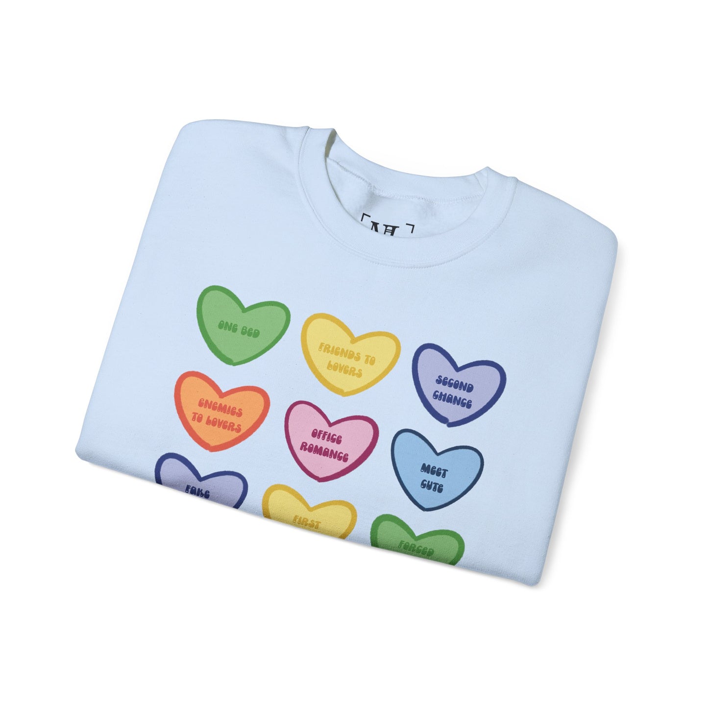 Romance Book Tropes Conversation Heart Sweatshirt — Colorful Valentine Candy Heart Graphic Crewneck