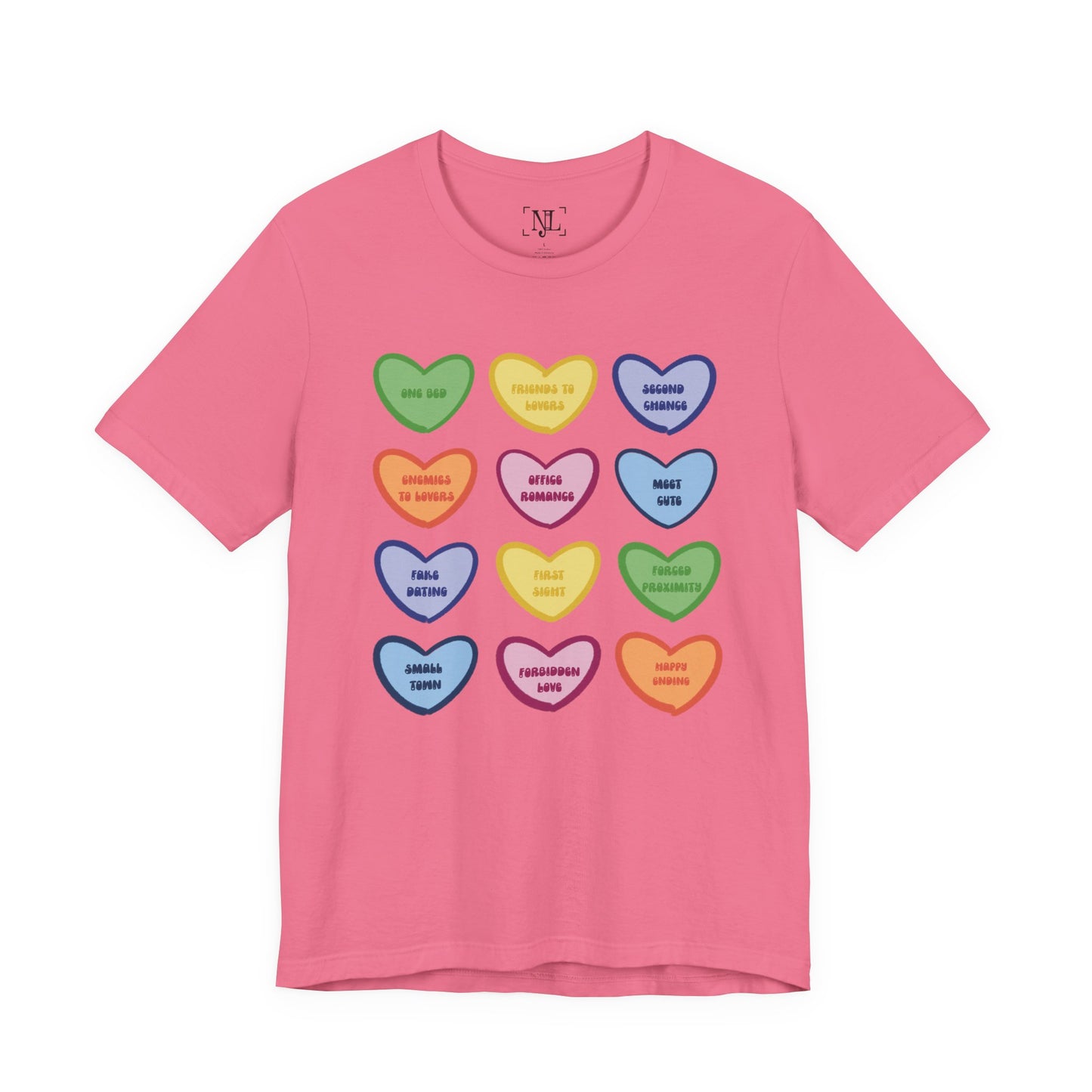 Romance Book Tropes Conversation Heart Graphic Tee — Cute Pastel Candy Hearts with Messages
