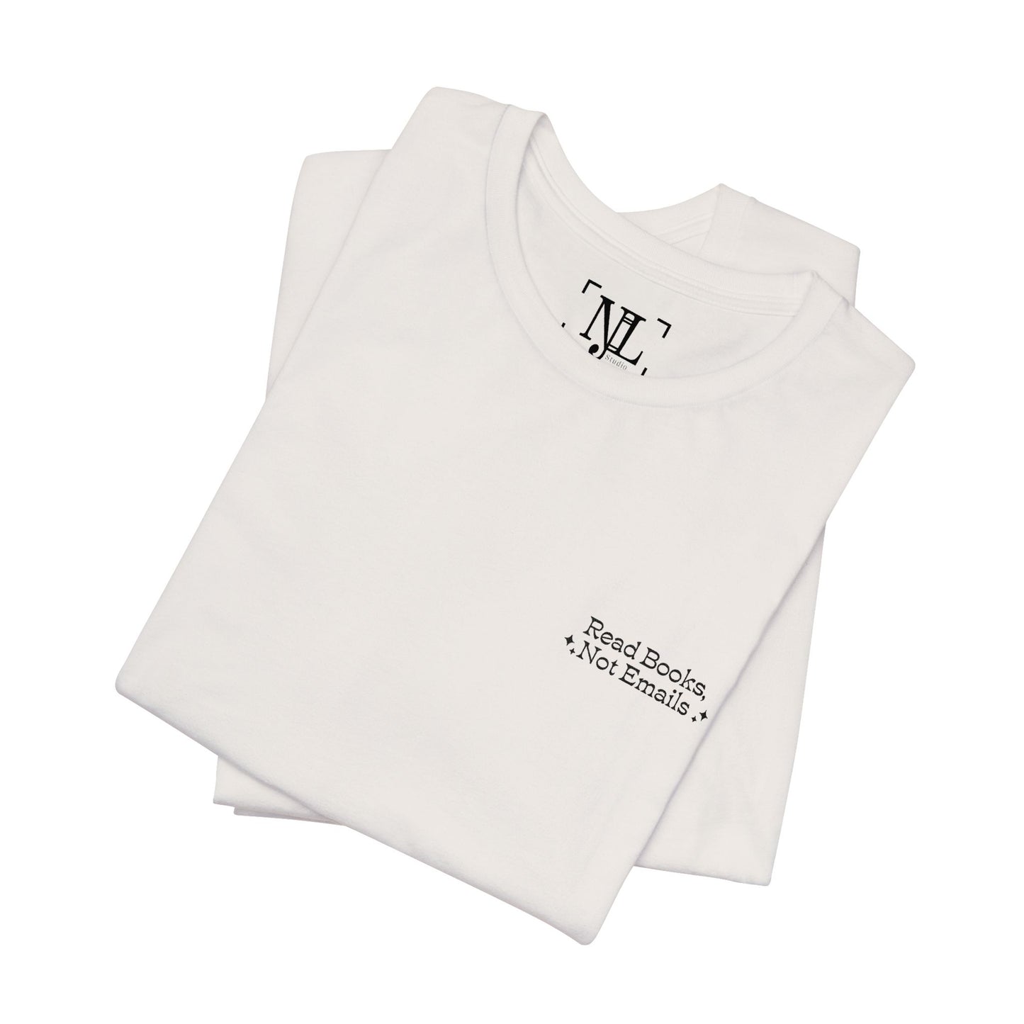 "Read Books, Not Emails - Embroidered Literary Tee (Black Text)