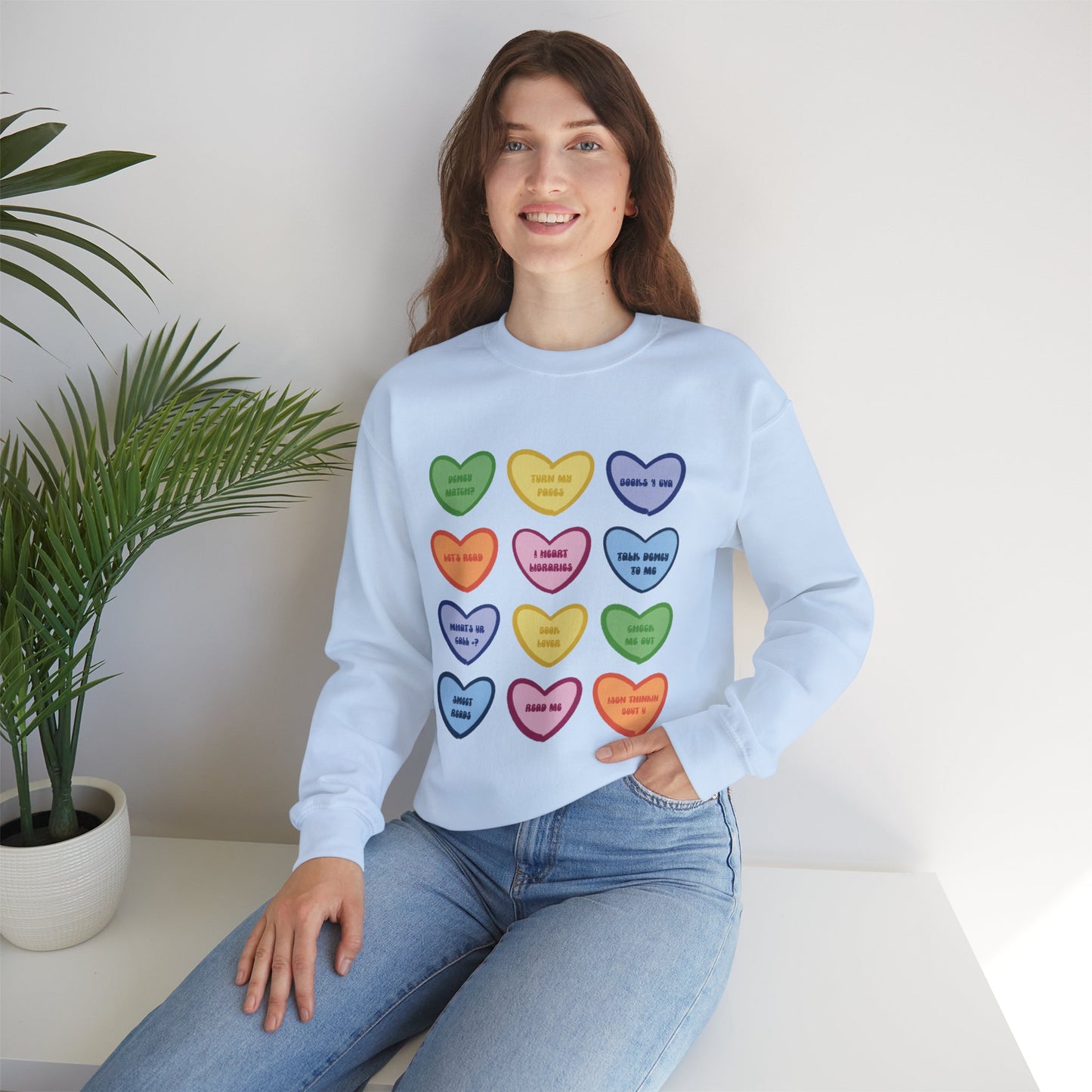 Library Themed Conversation Heart Sweatshirt — Colorful Valentine Candy Heart Graphic Crewneck