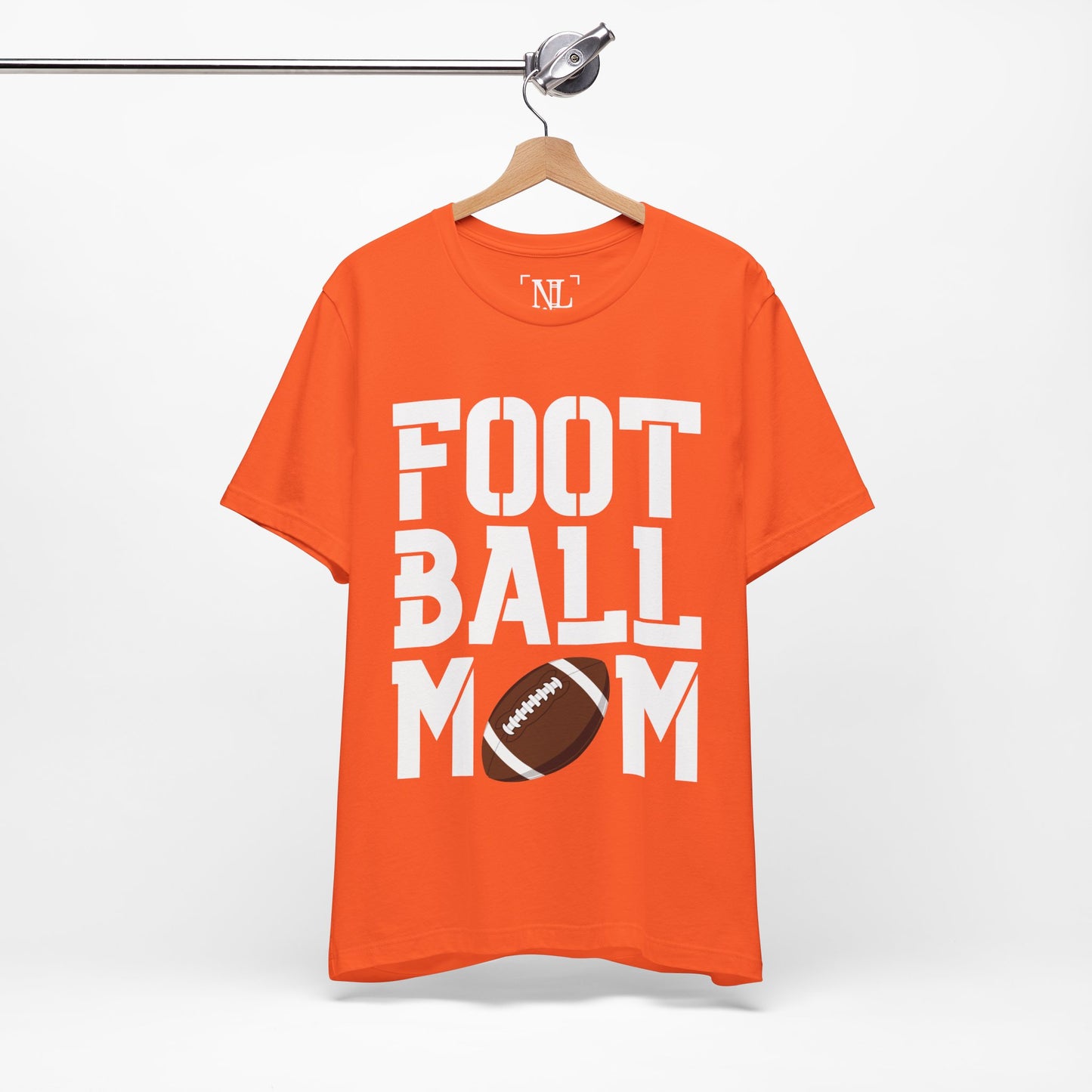 Football Mom T-Shirt – Bold Stacked Text with Football Graphic (White Text)