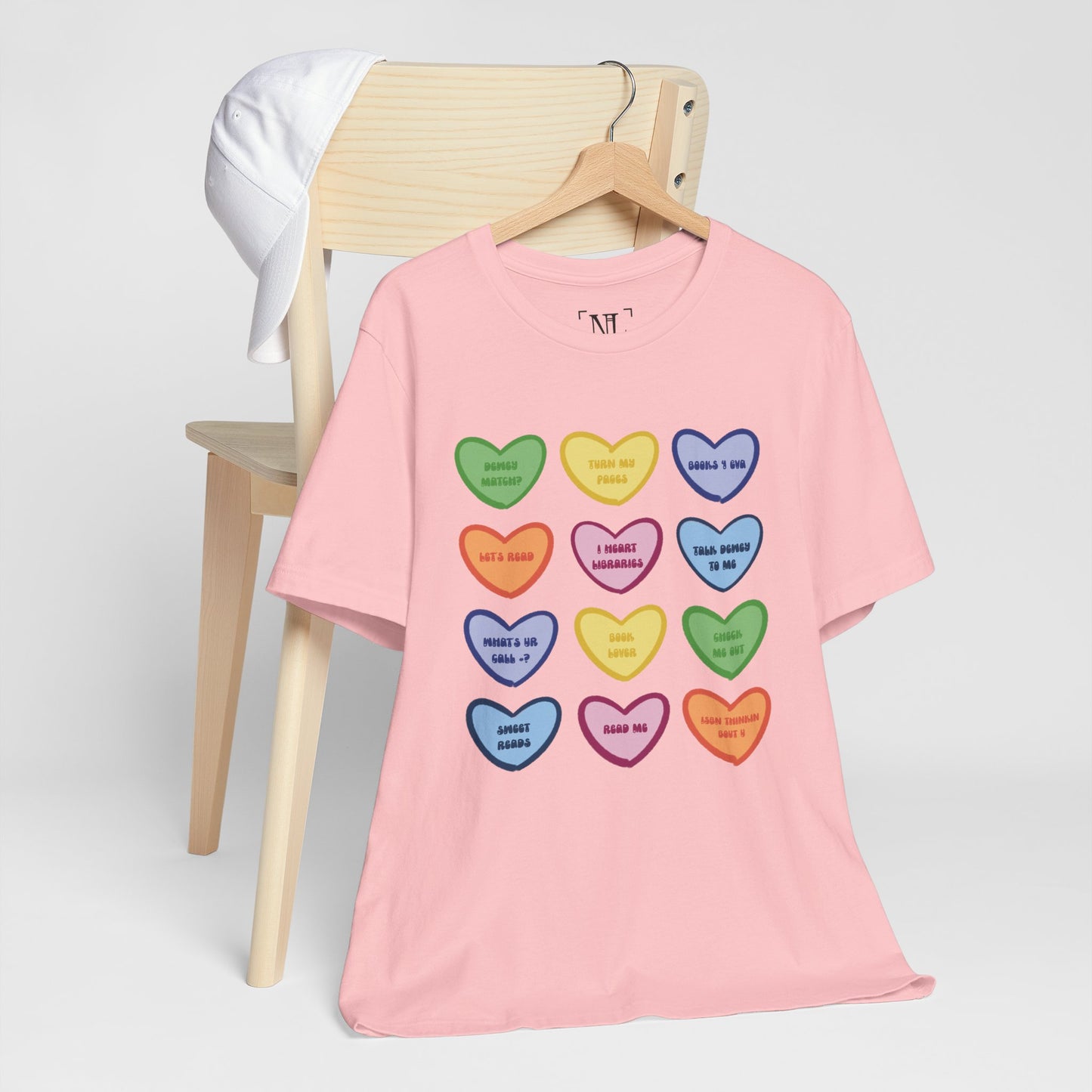 Library Conversation Heart Graphic Tee — Cute Pastel Candy Hearts with Messages