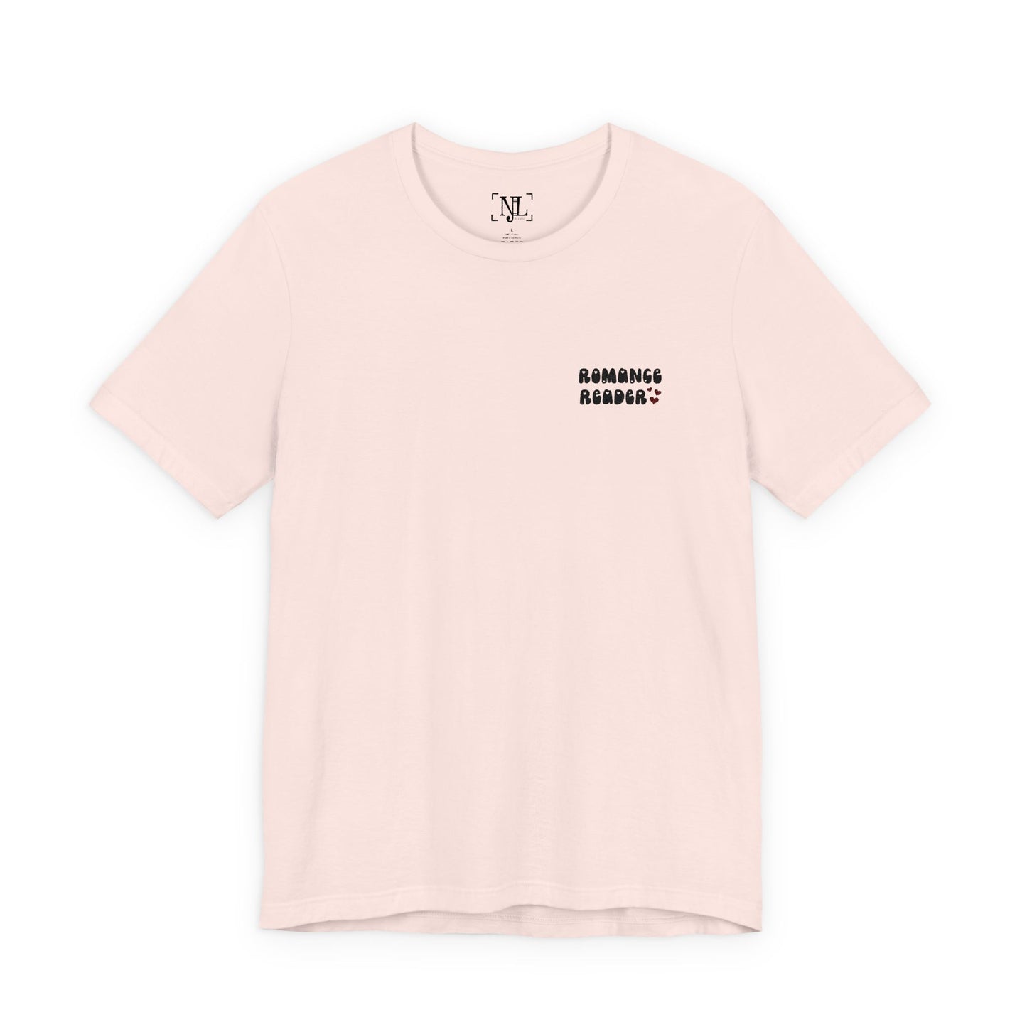 "Romance Reader" - Embroidered Literary Tee (Black Text with Maroon Hearts)