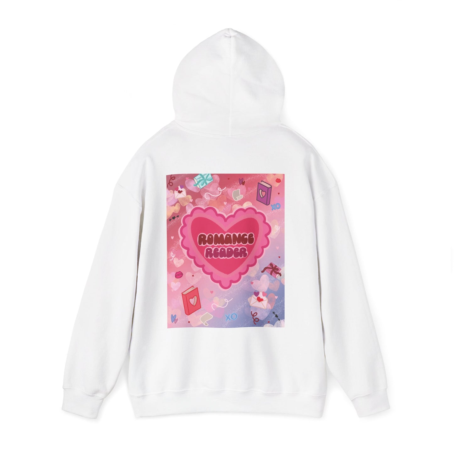 Romance Reader Hoodie — Cute Pink Heart Book Lover Pullover (Black Text)
