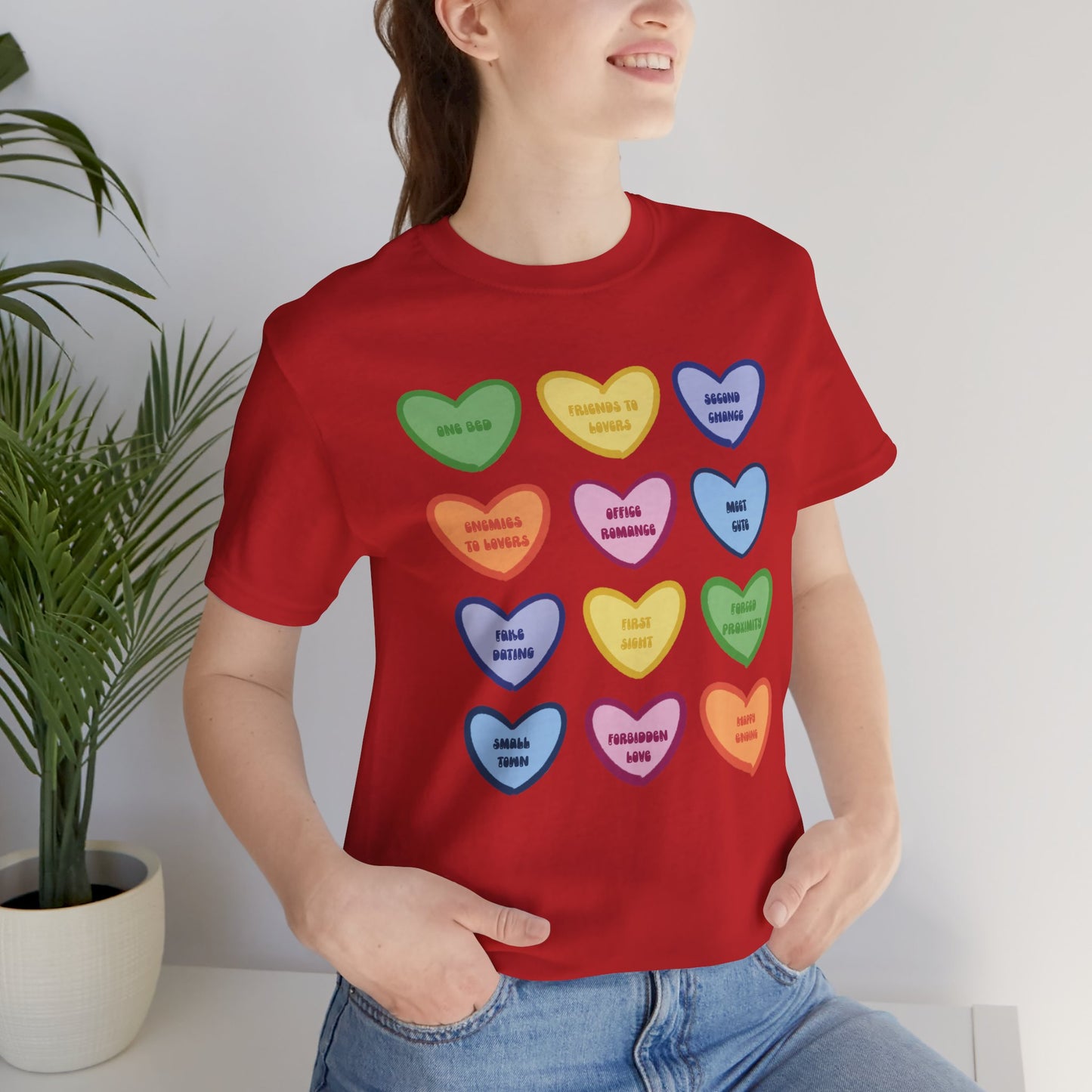 Romance Book Tropes Conversation Heart Graphic Tee — Cute Pastel Candy Hearts with Messages