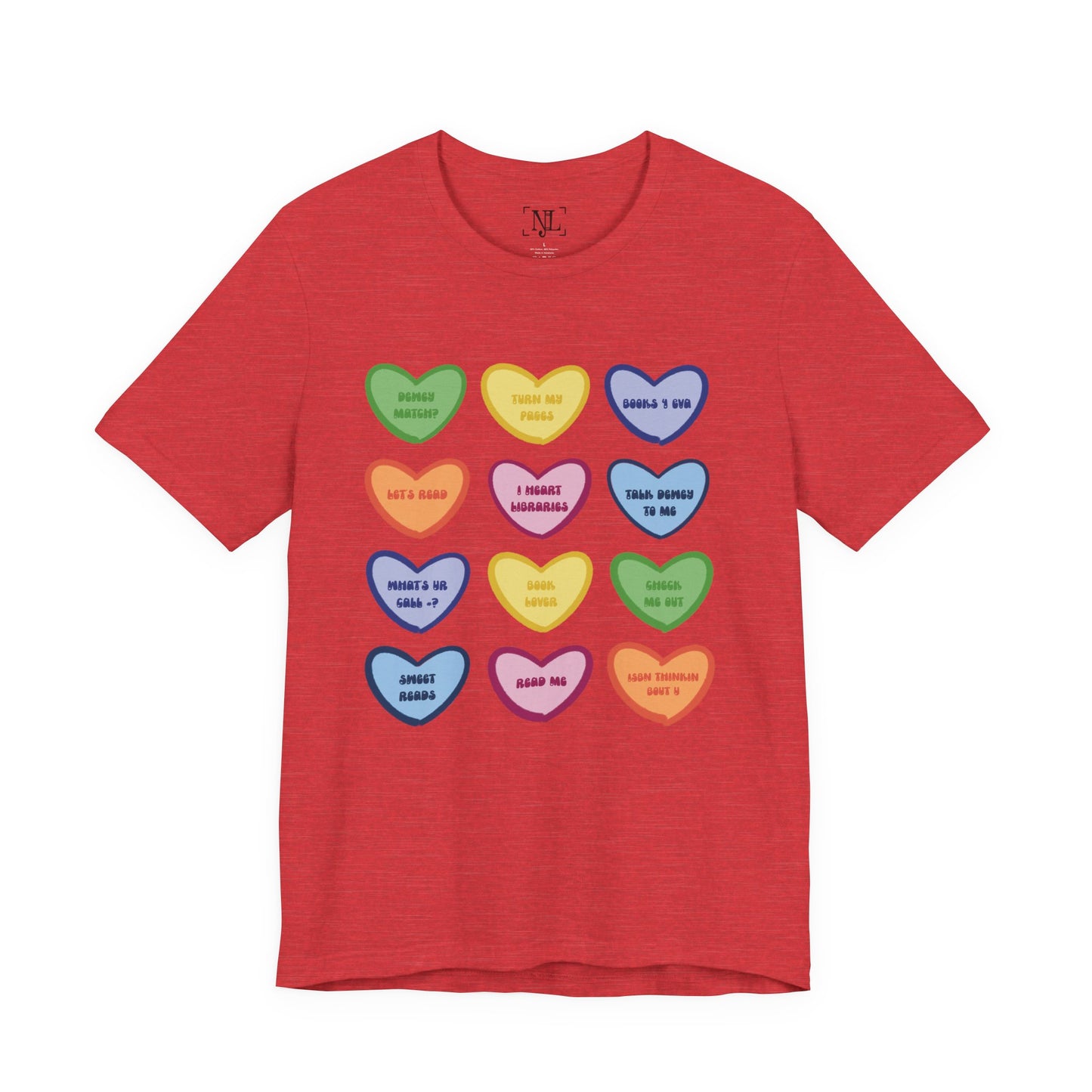 Library Conversation Heart Graphic Tee — Cute Pastel Candy Hearts with Messages