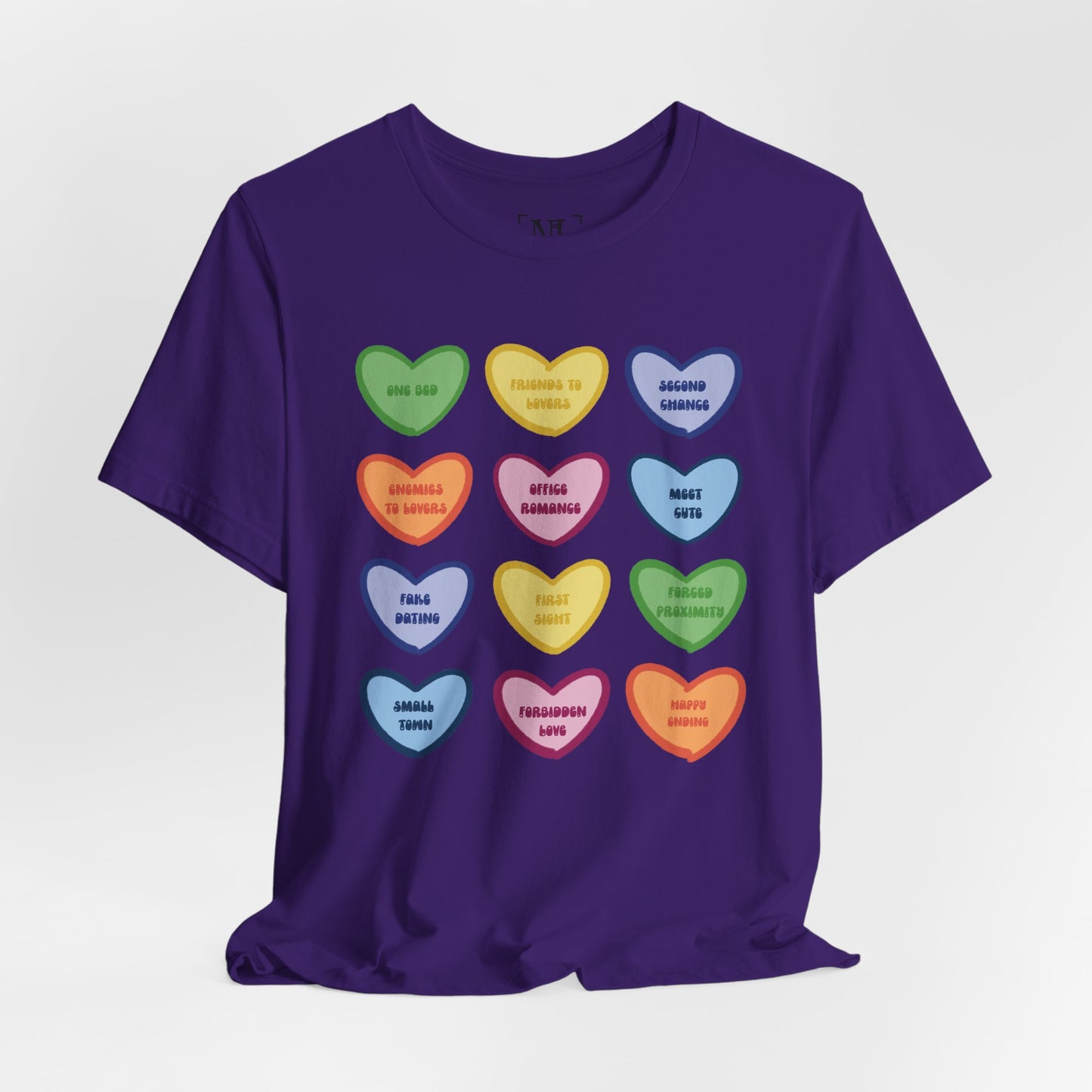 Romance Book Tropes Conversation Heart Graphic Tee — Cute Pastel Candy Hearts with Messages
