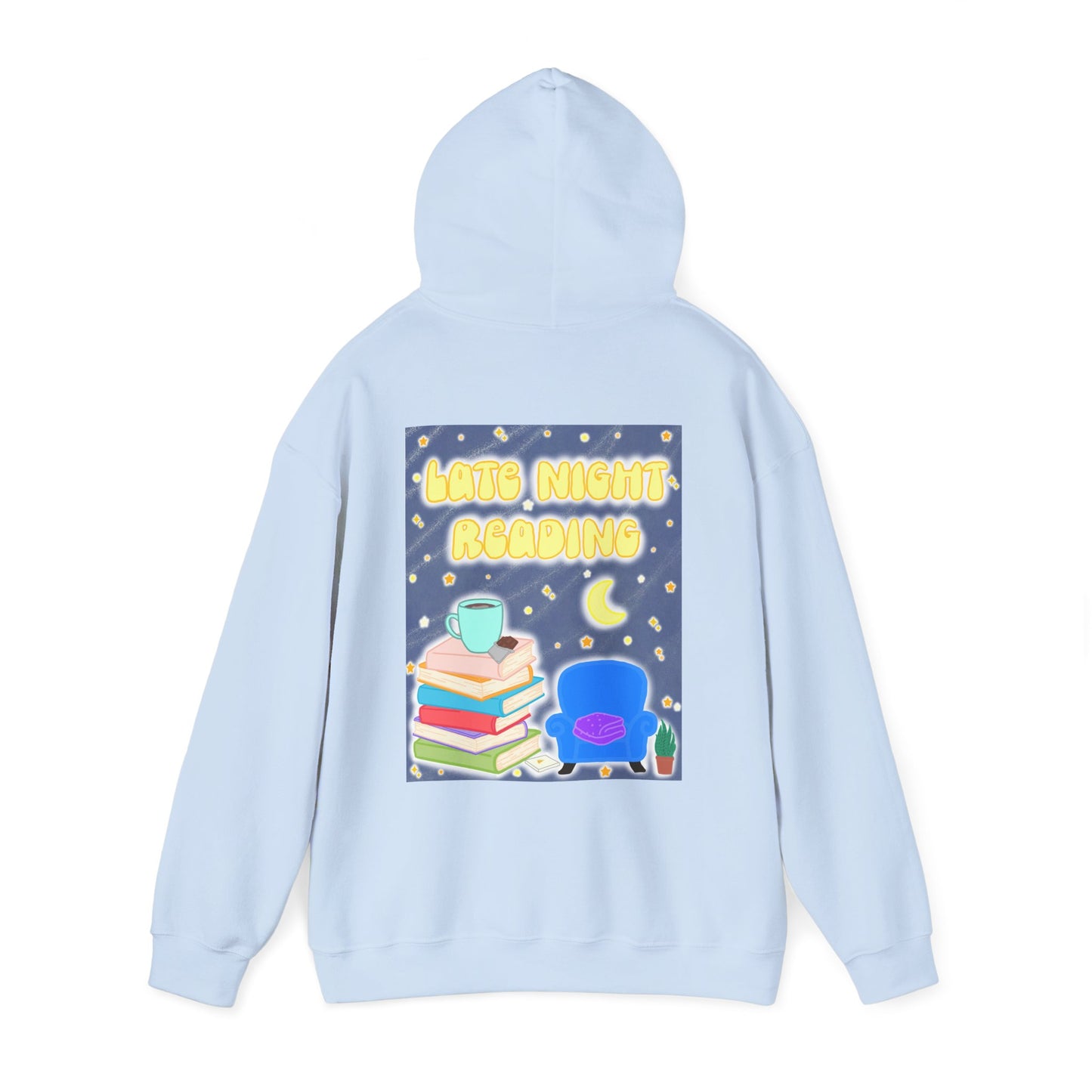 Late Night Reading Hoodie — Cozy Book Lover Pullover with Moon & Books Graphic (Black Text)