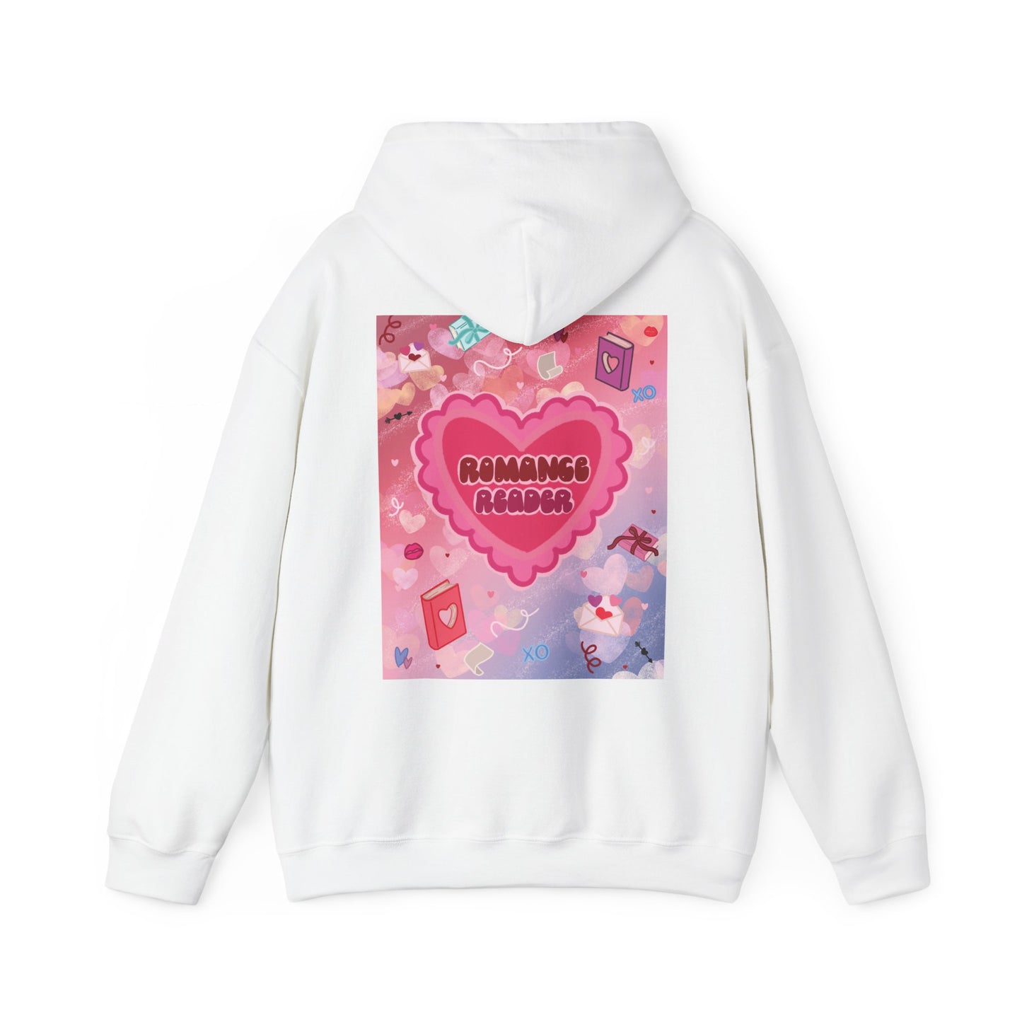 Romance Reader Hoodie — Cute Pink Heart Book Lover Pullover (Black Text)