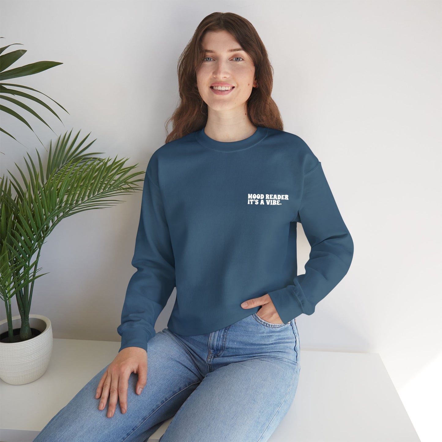 "Mood Reader. It's a Vibe - Embroidered Literary Crewneck Sweatshirt (White Text)
