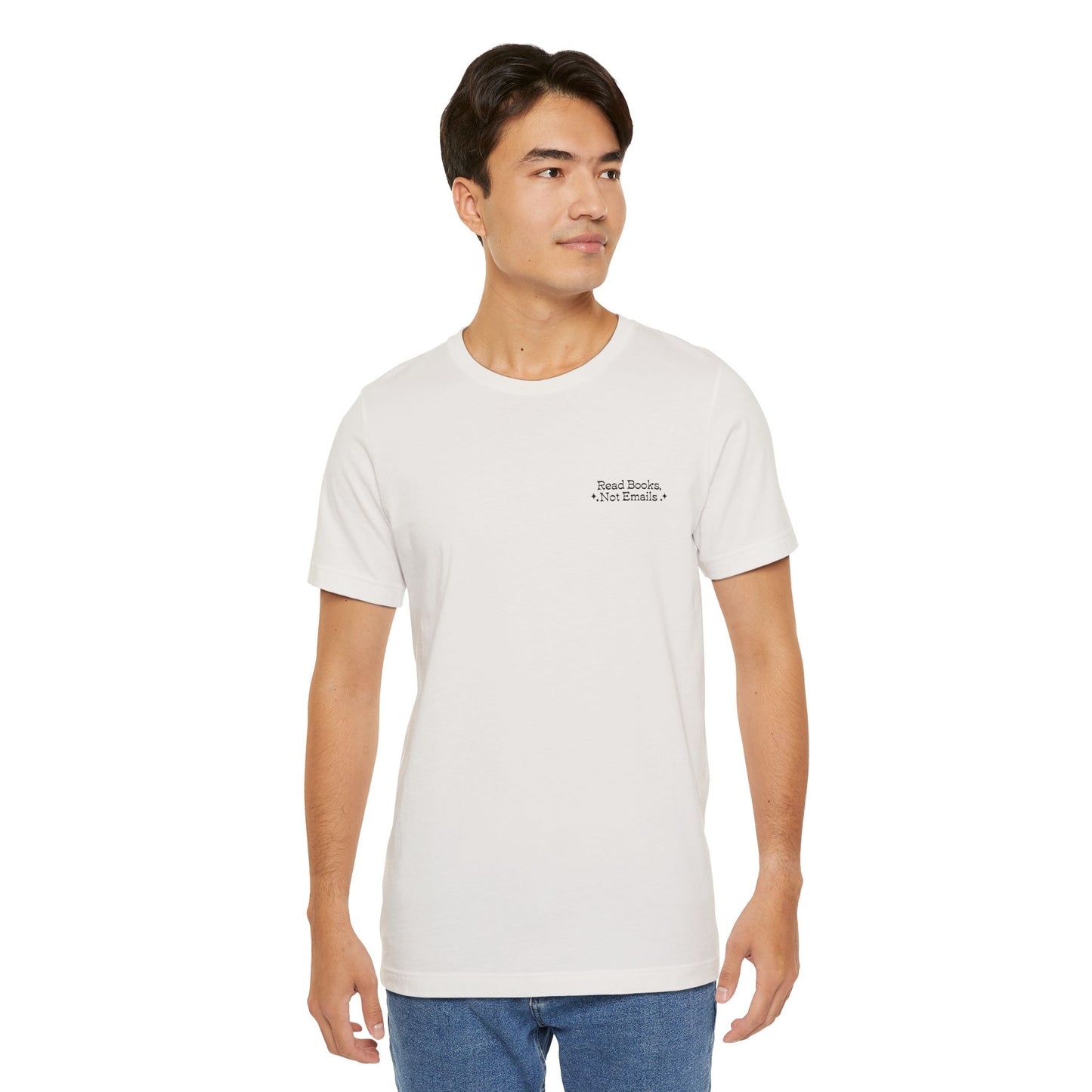 "Read Books, Not Emails - Embroidered Literary Tee (Black Text)