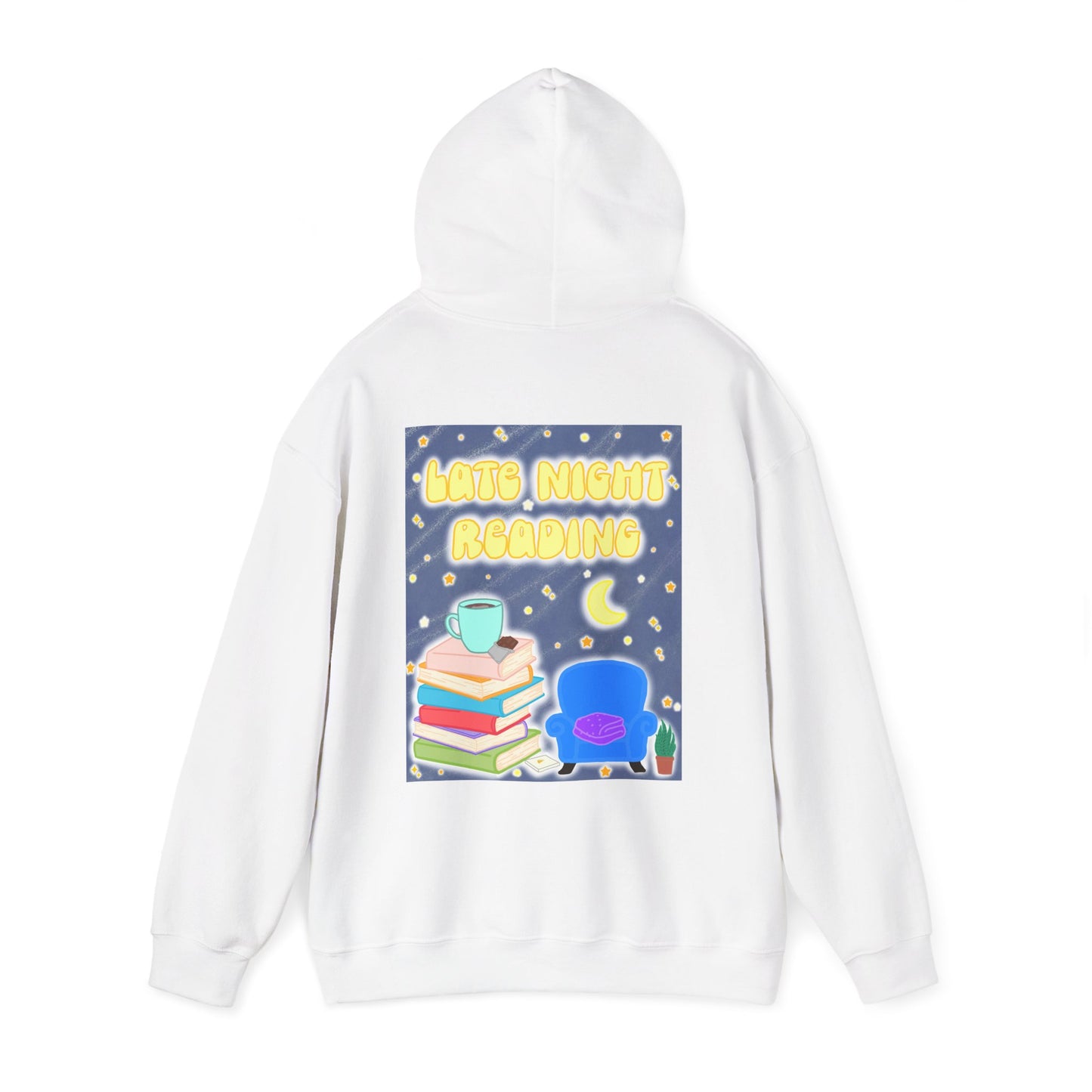 Late Night Reading Hoodie — Cozy Book Lover Pullover with Moon & Books Graphic (Black Text)