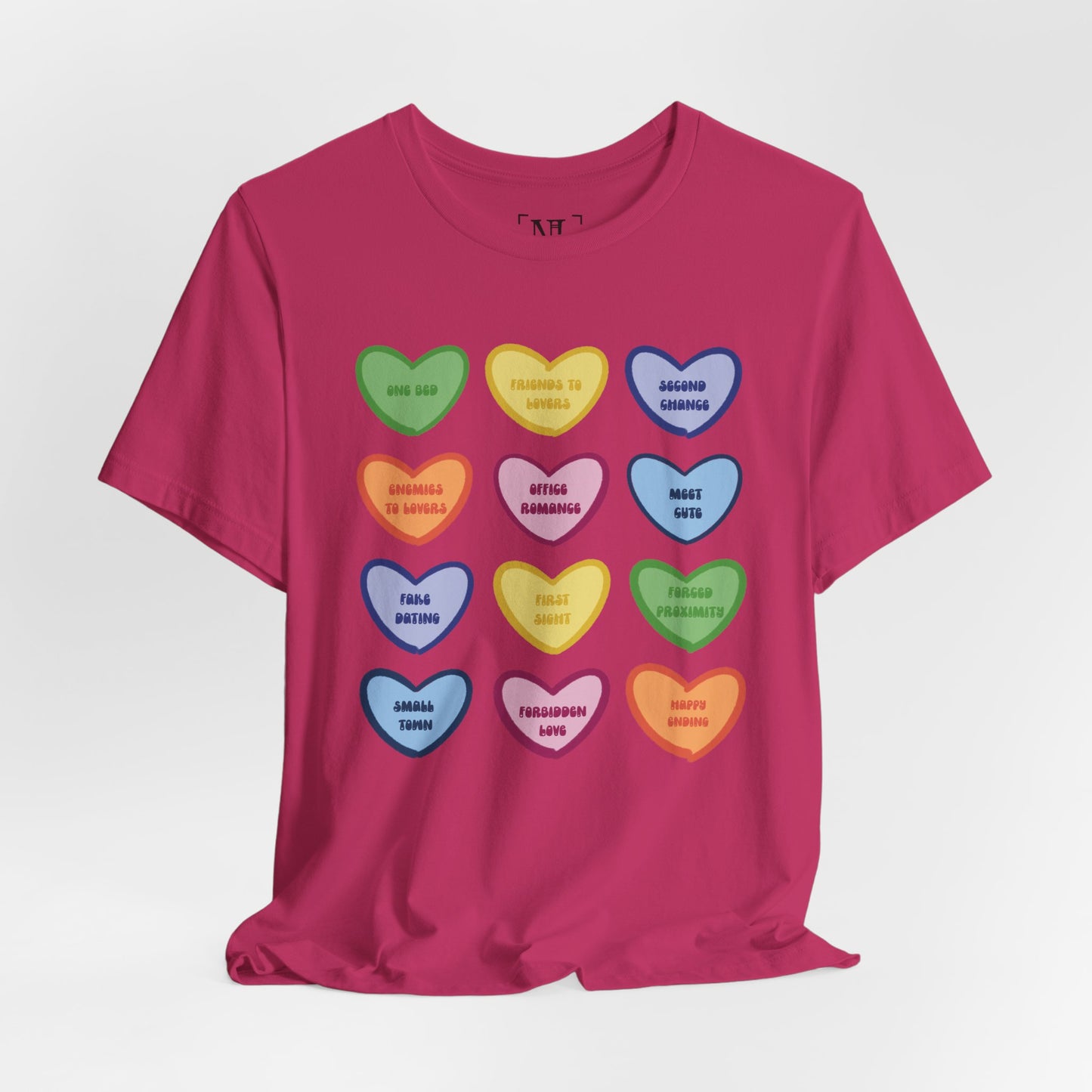 Romance Book Tropes Conversation Heart Graphic Tee — Cute Pastel Candy Hearts with Messages