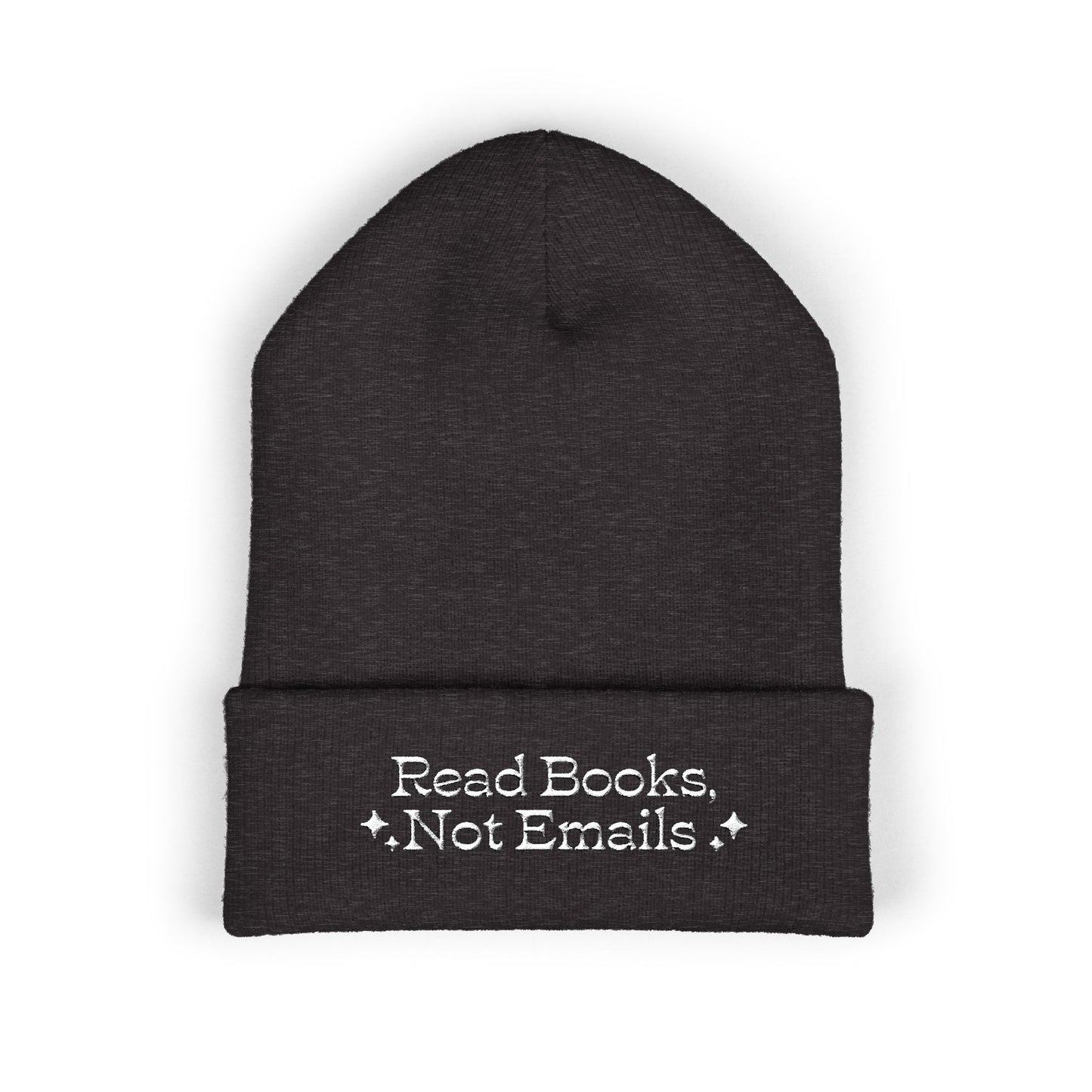 "Read Books Not Emails" - Embroidered Literary Cuffed Beanie (White Text)