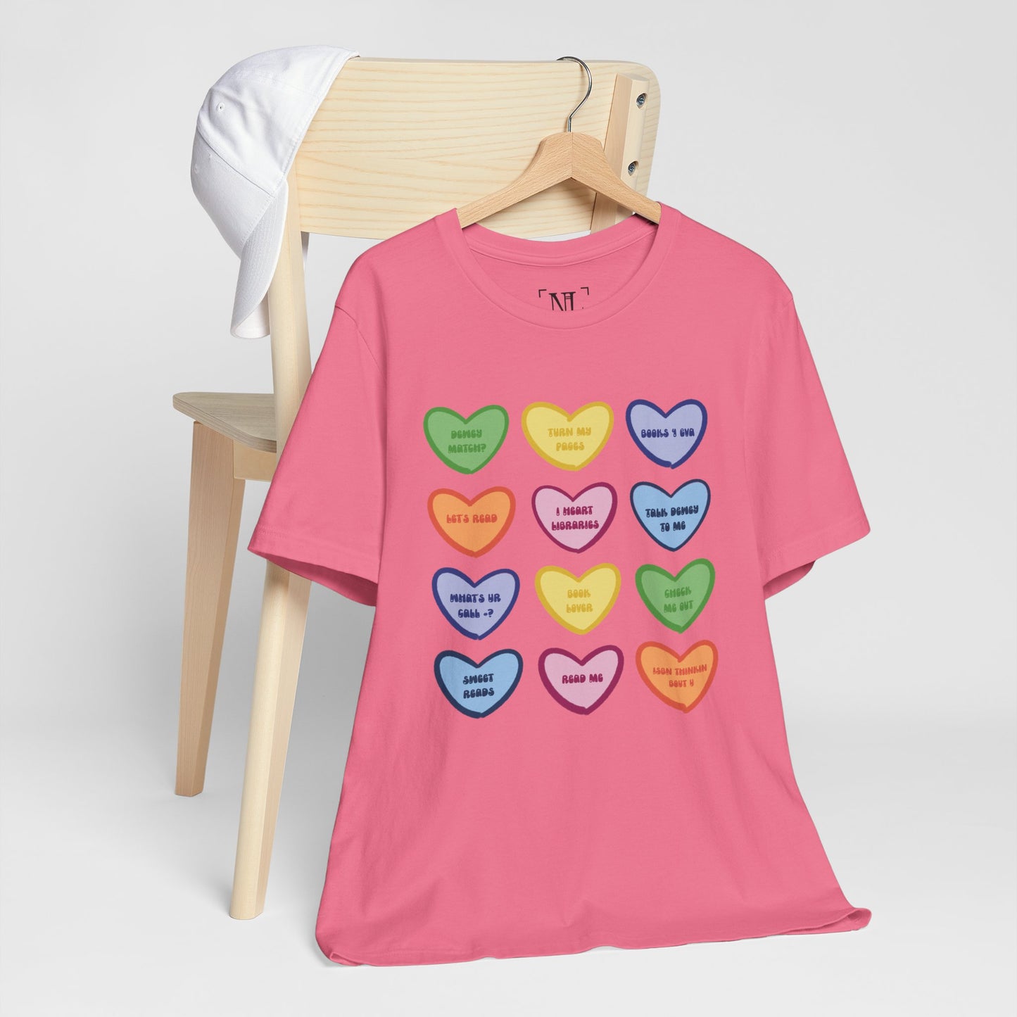 Library Conversation Heart Graphic Tee — Cute Pastel Candy Hearts with Messages