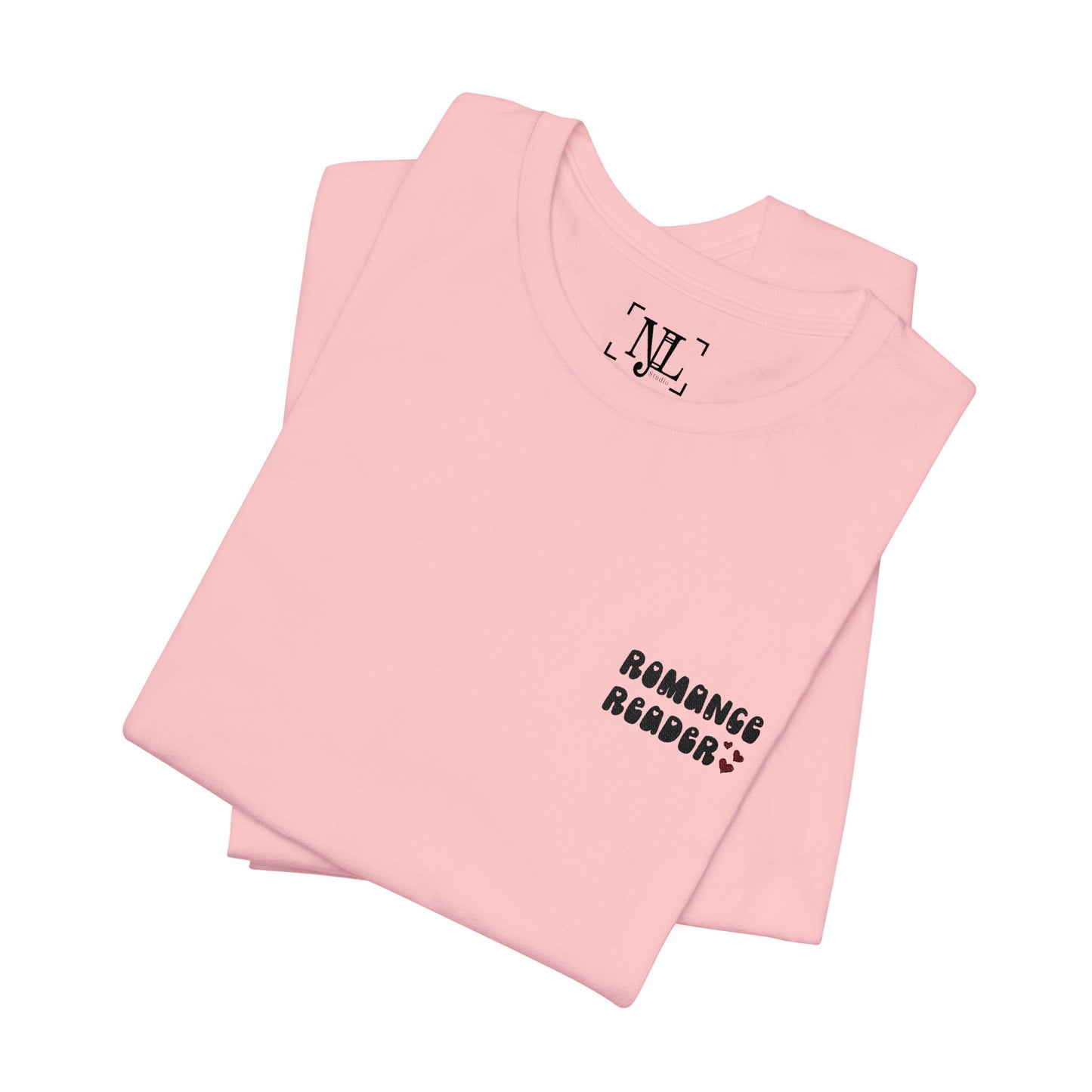 "Romance Reader" - Embroidered Literary Tee (Black Text with Maroon Hearts)