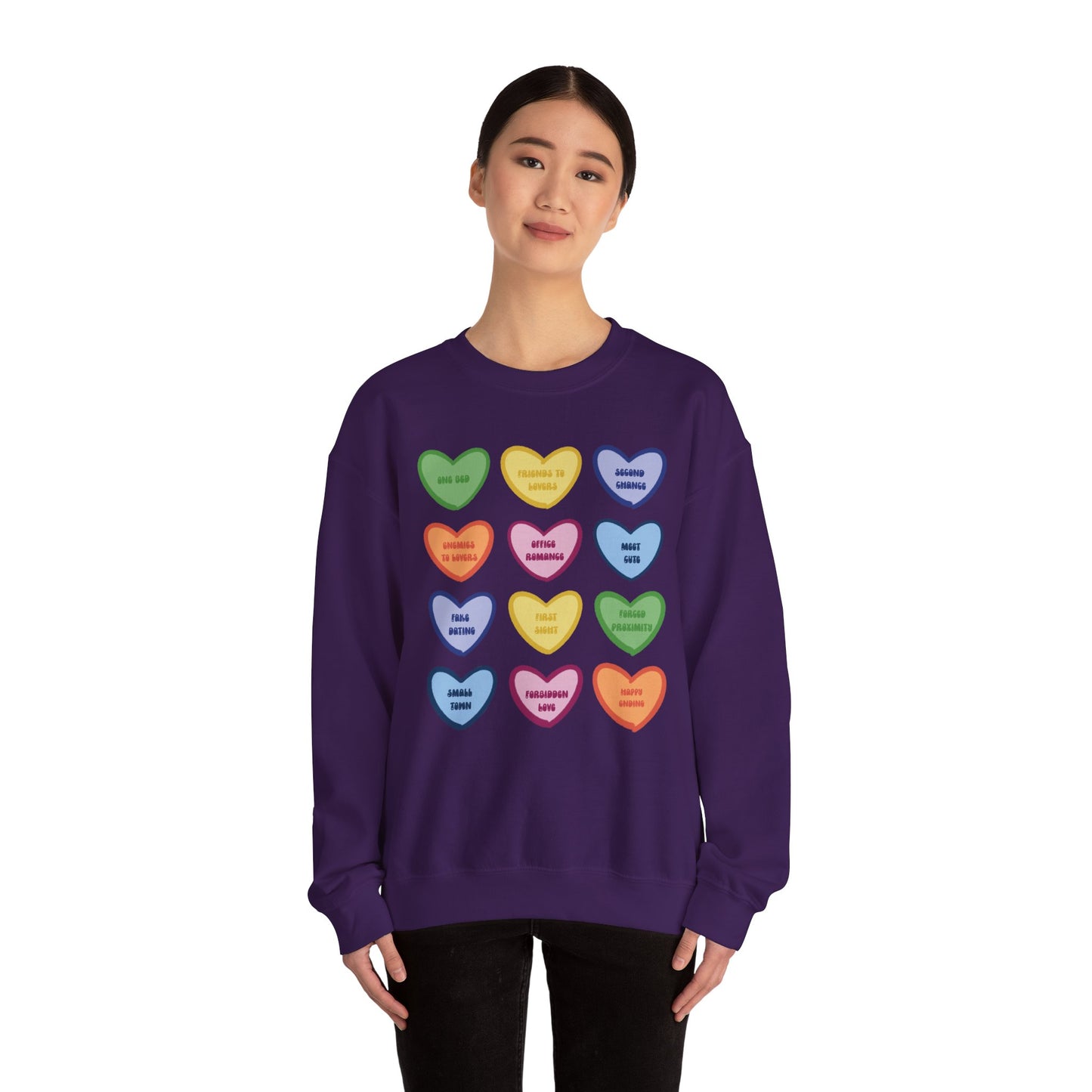 Romance Book Tropes Conversation Heart Sweatshirt — Colorful Valentine Candy Heart Graphic Crewneck