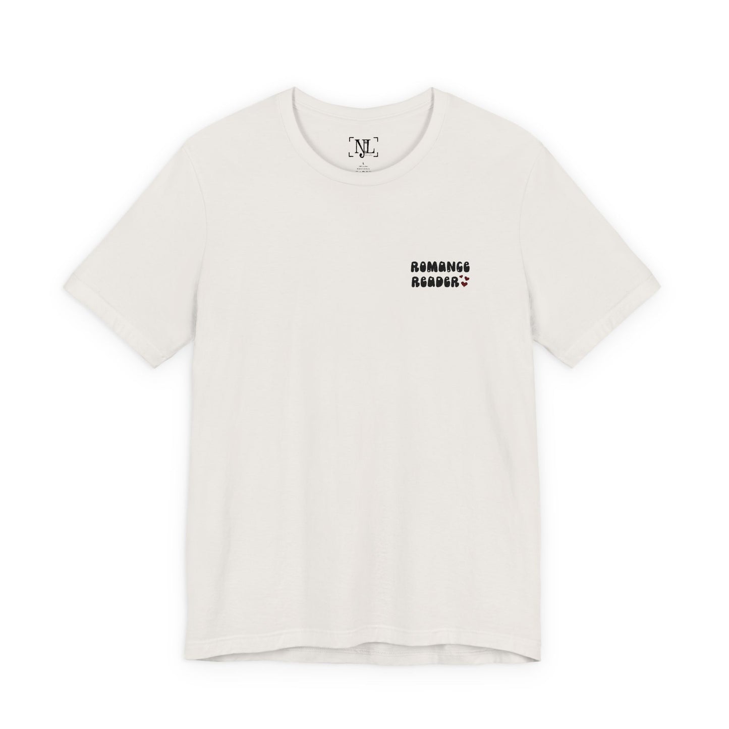 "Romance Reader" - Embroidered Literary Tee (Black Text with Maroon Hearts)