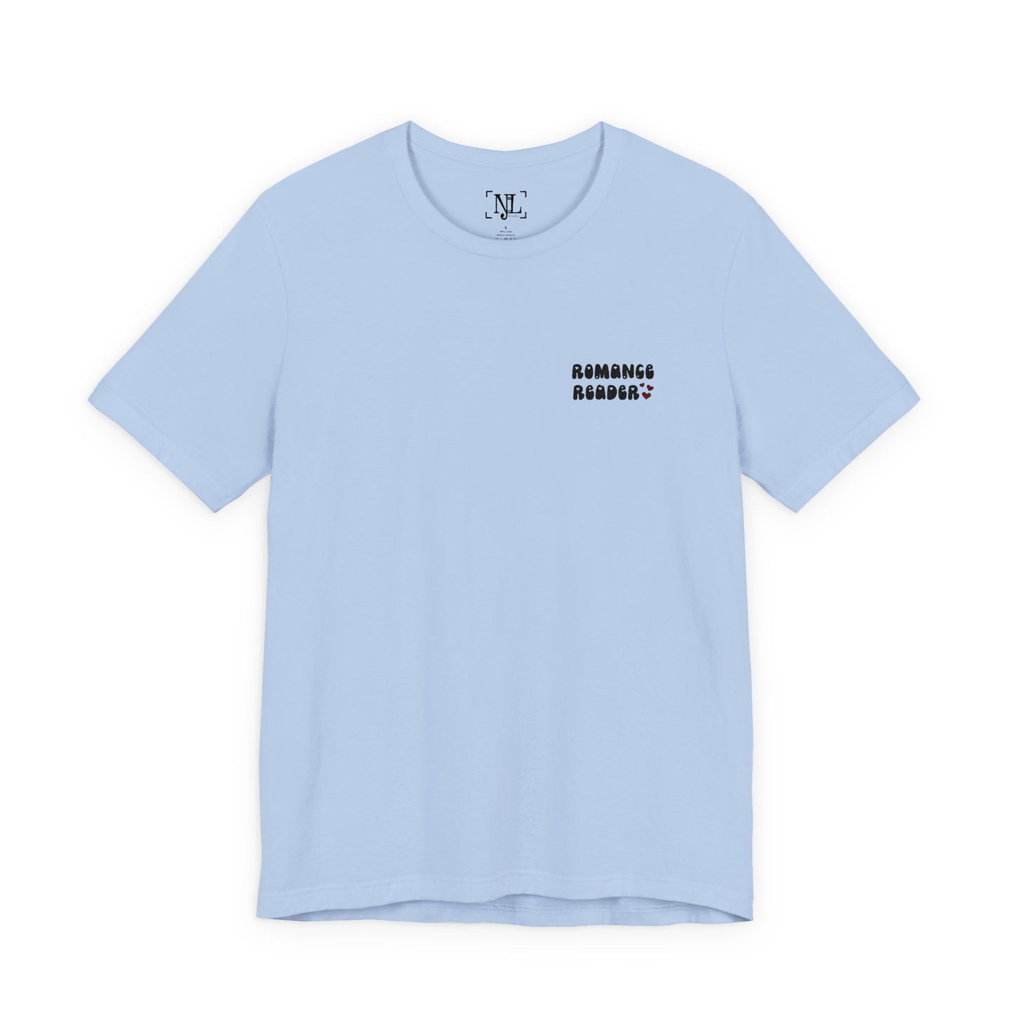 "Romance Reader" - Embroidered Literary Tee (Black Text with Maroon Hearts)