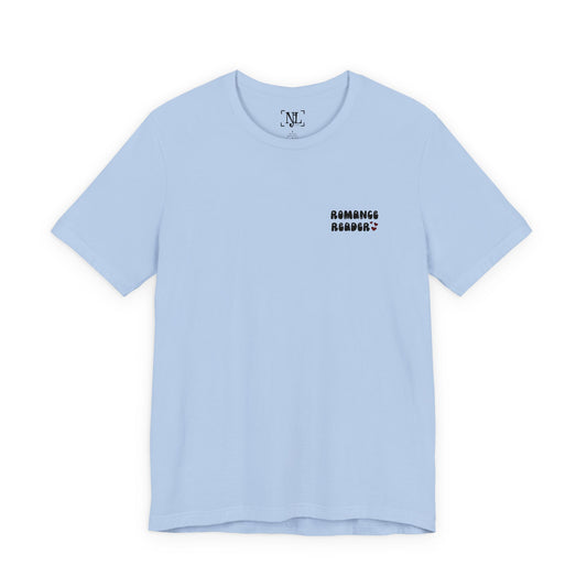 "Romance Reader" - Embroidered Literary Tee (Black Text with Maroon Hearts)