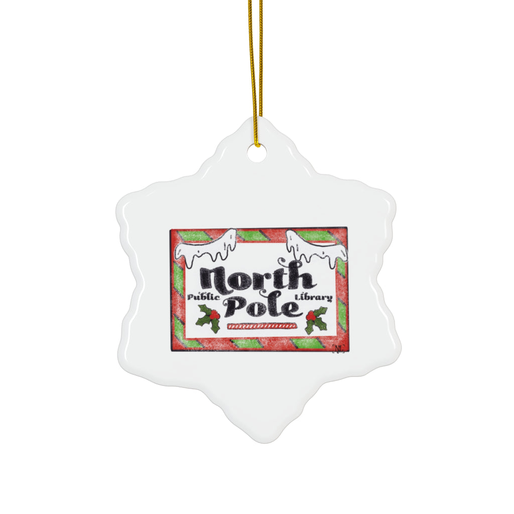 North Pole Library Ceramic Christmas Ornament