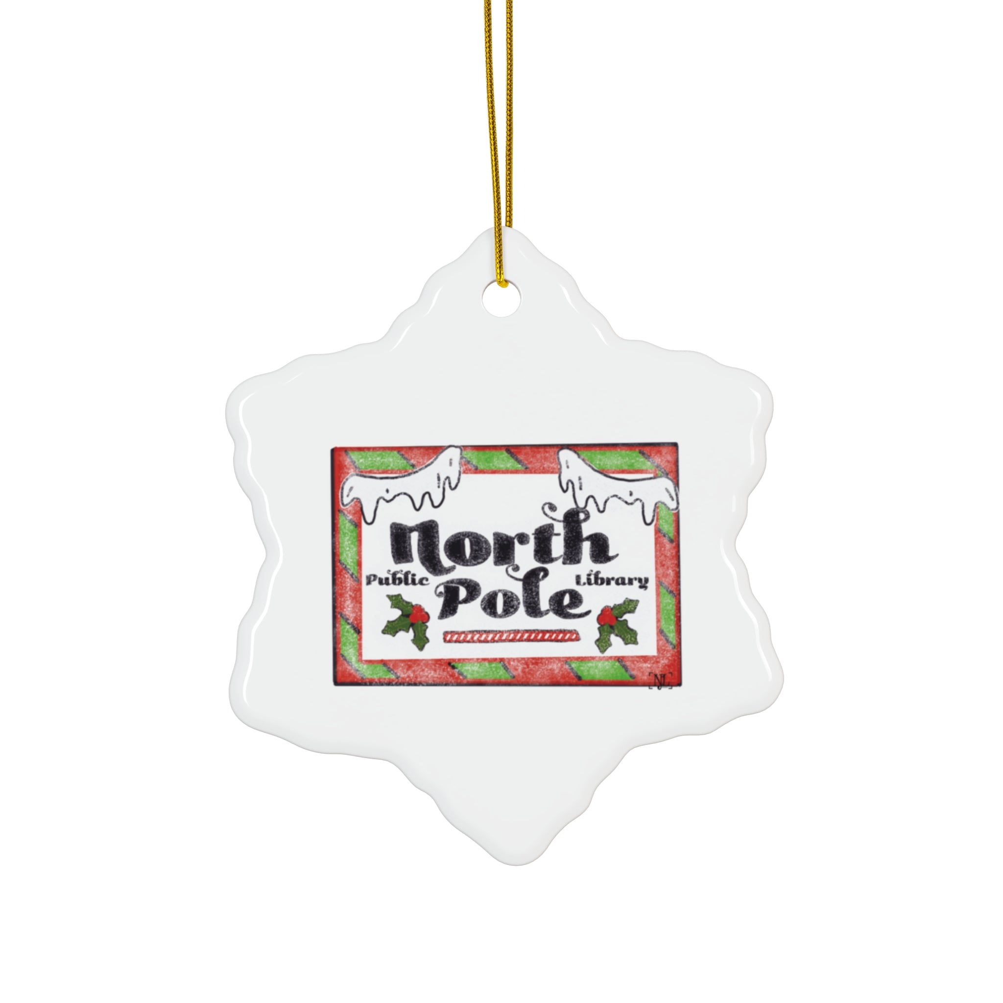 North Pole Library Ceramic Christmas Ornament
