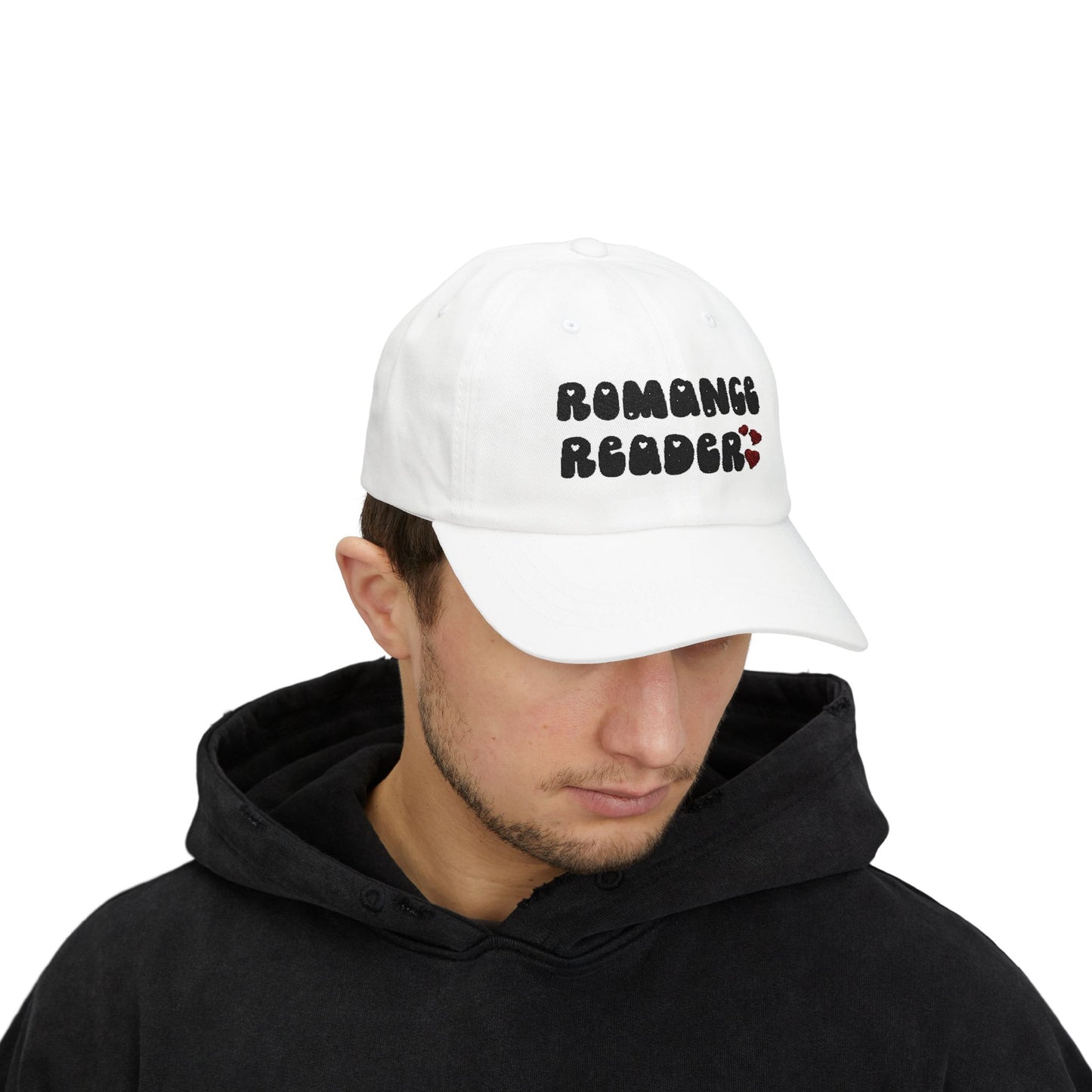"Romance Reader" - Embroidered Literary Dad Cap (Black Text with Maroon Hearts)