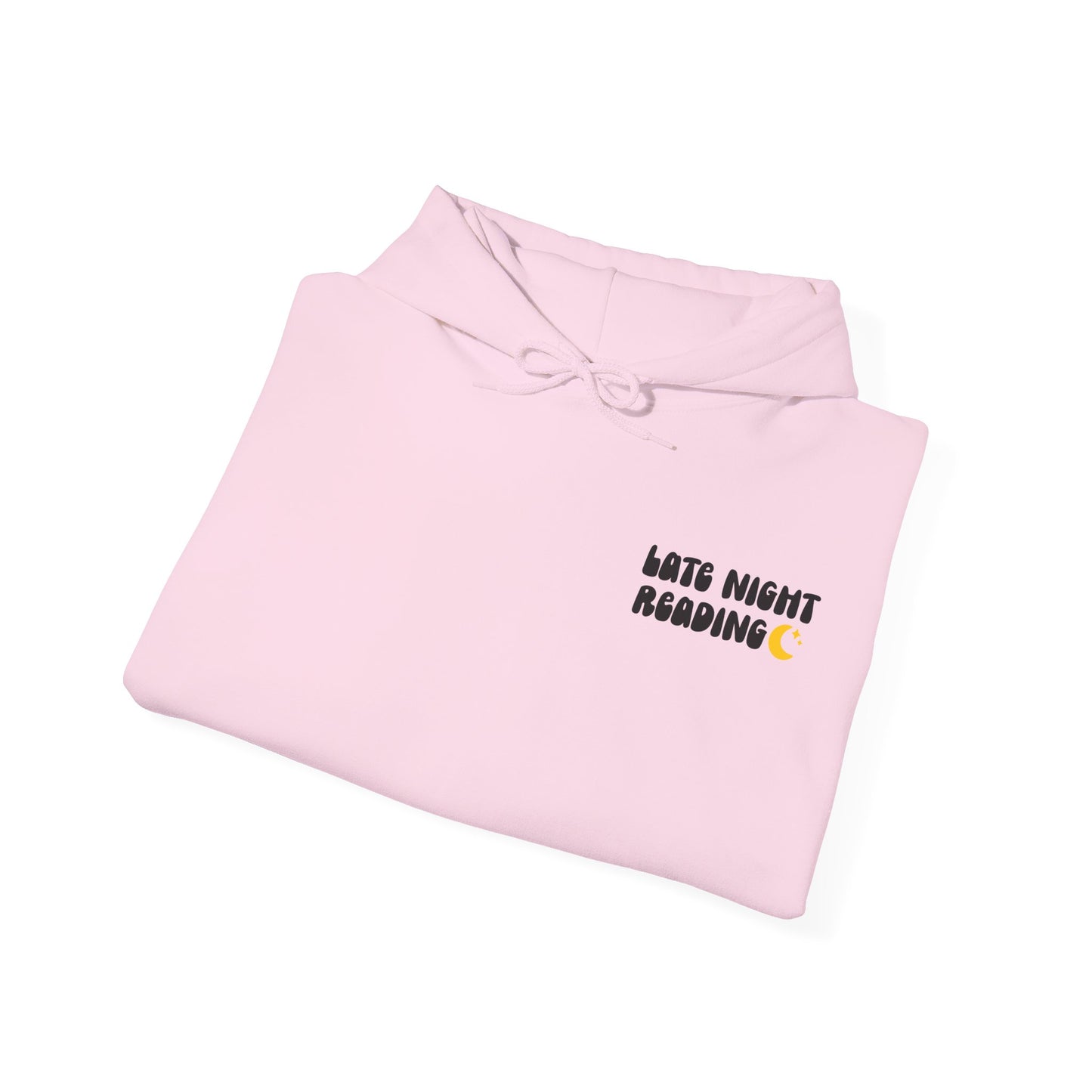 Late Night Reading Hoodie — Cozy Book Lover Pullover with Moon & Books Graphic (Black Text)