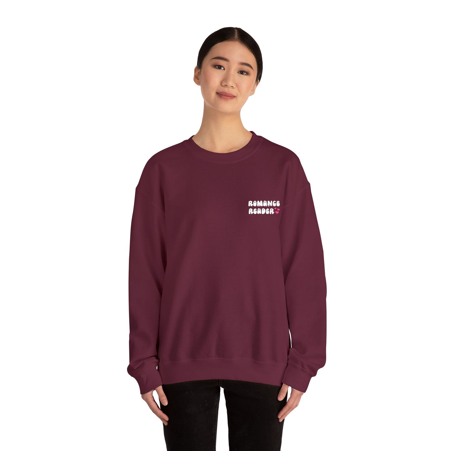 "Romance Reader" - Embroidered Literary Crewneck Sweatshirt (White Text with Pink Hearts)